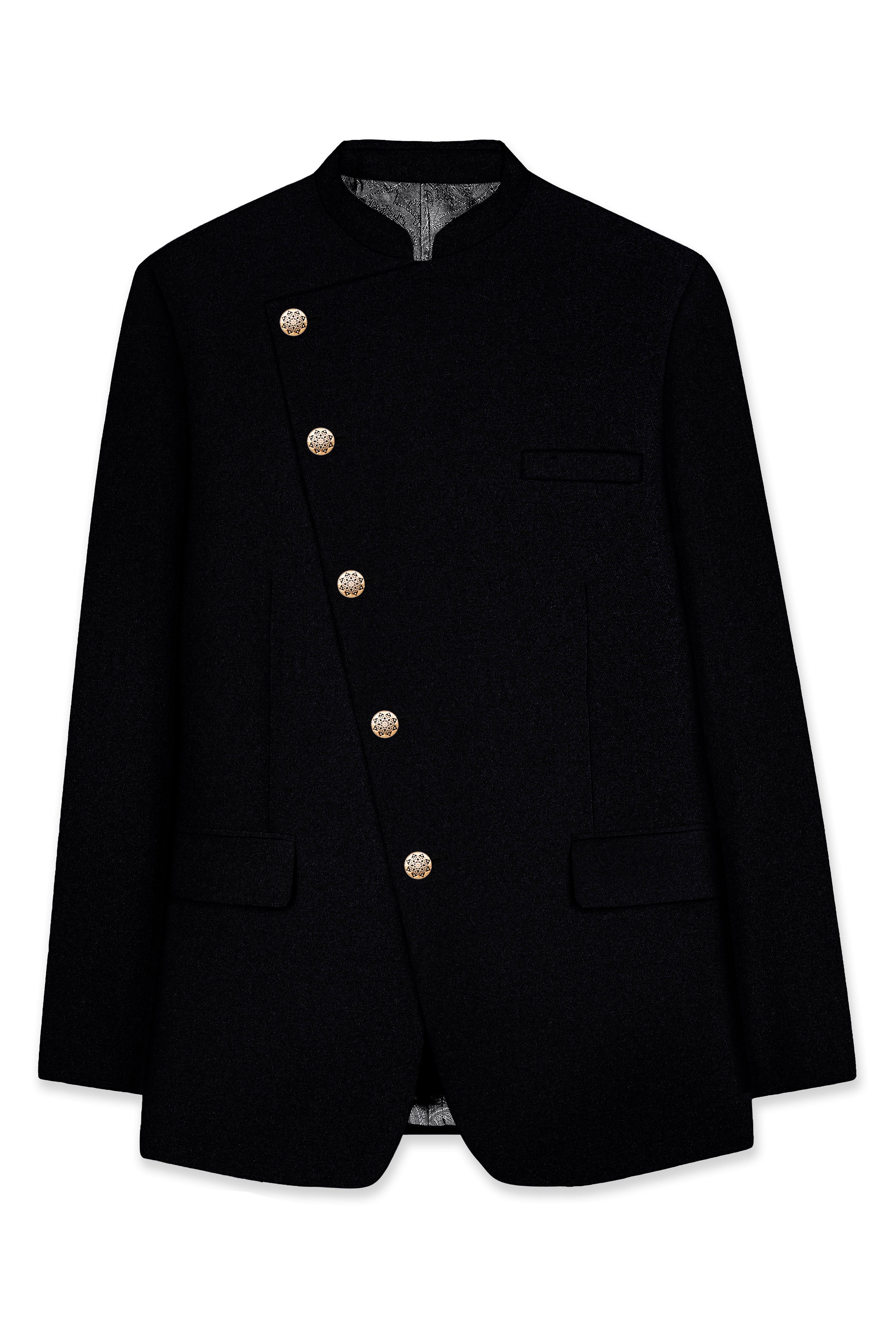 Noirex-Korean Black (The Best Black We Have) Cross Placket 4-Way Stretch Wrinkle-Free Fluid Drape Fabric Bandhgala Suit