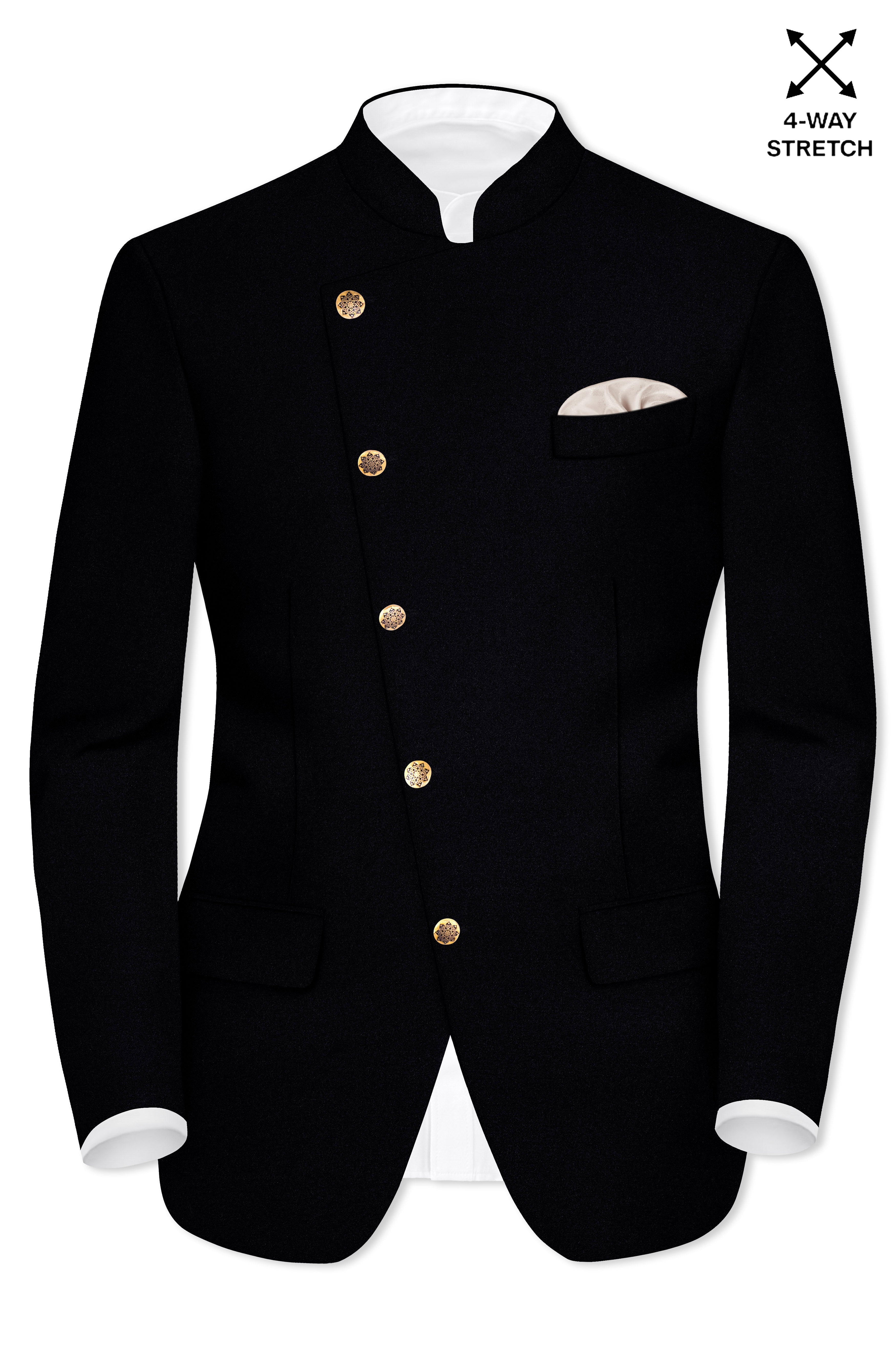 Noirex-Korean Black (The Best Black We Have) Cross Placket 4-Way Stretch Wrinkle-Free Fluid Drape Fabric Bandhgala Suit