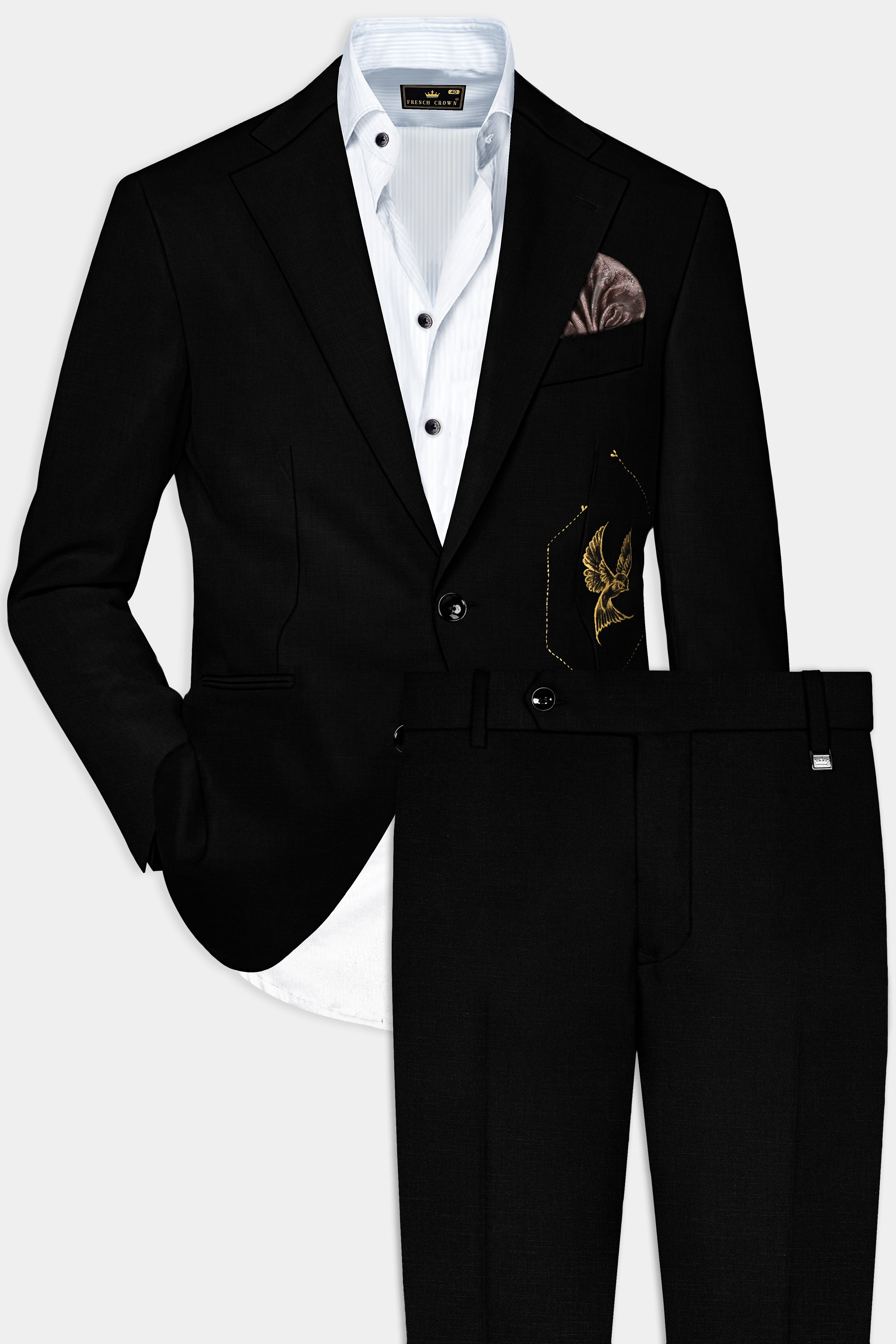 Jade Black Stretchable Bird Hand Painted Single Breasted Designer Suit