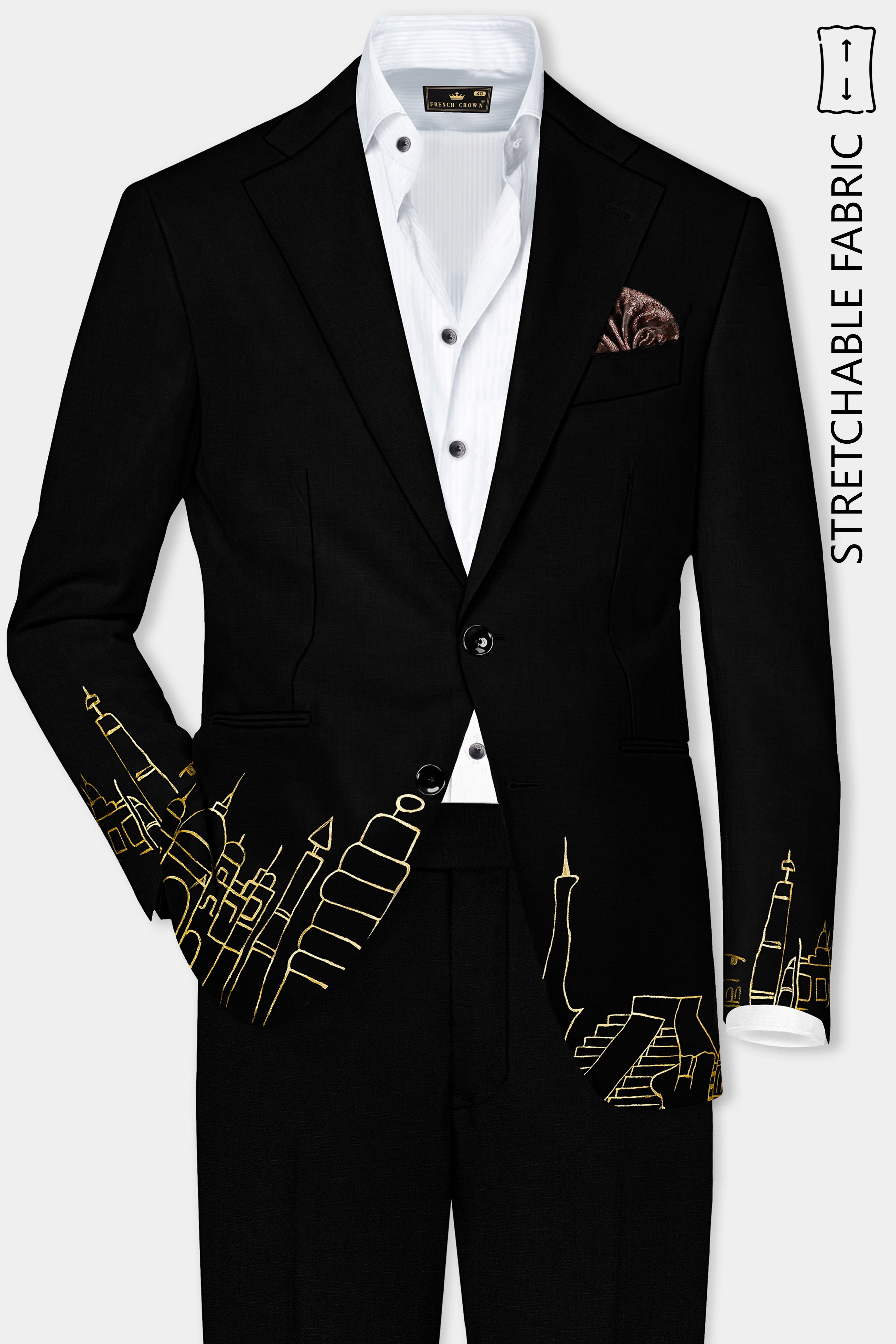 Jade Black Stretchable With Hand Painted Single Breasted Designer Suit