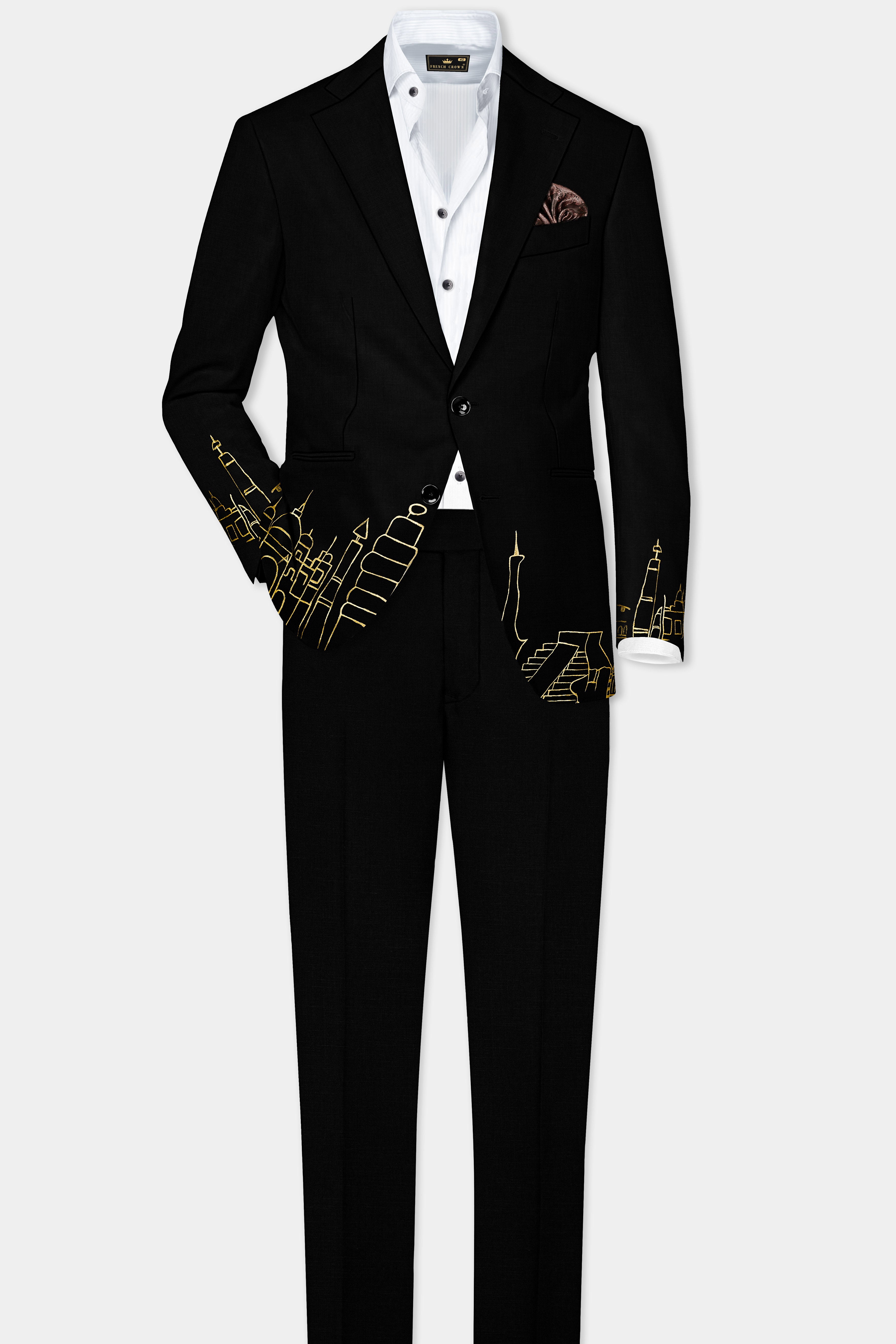 Jade Black Stretchable With Hand Painted Single Breasted Designer Suit