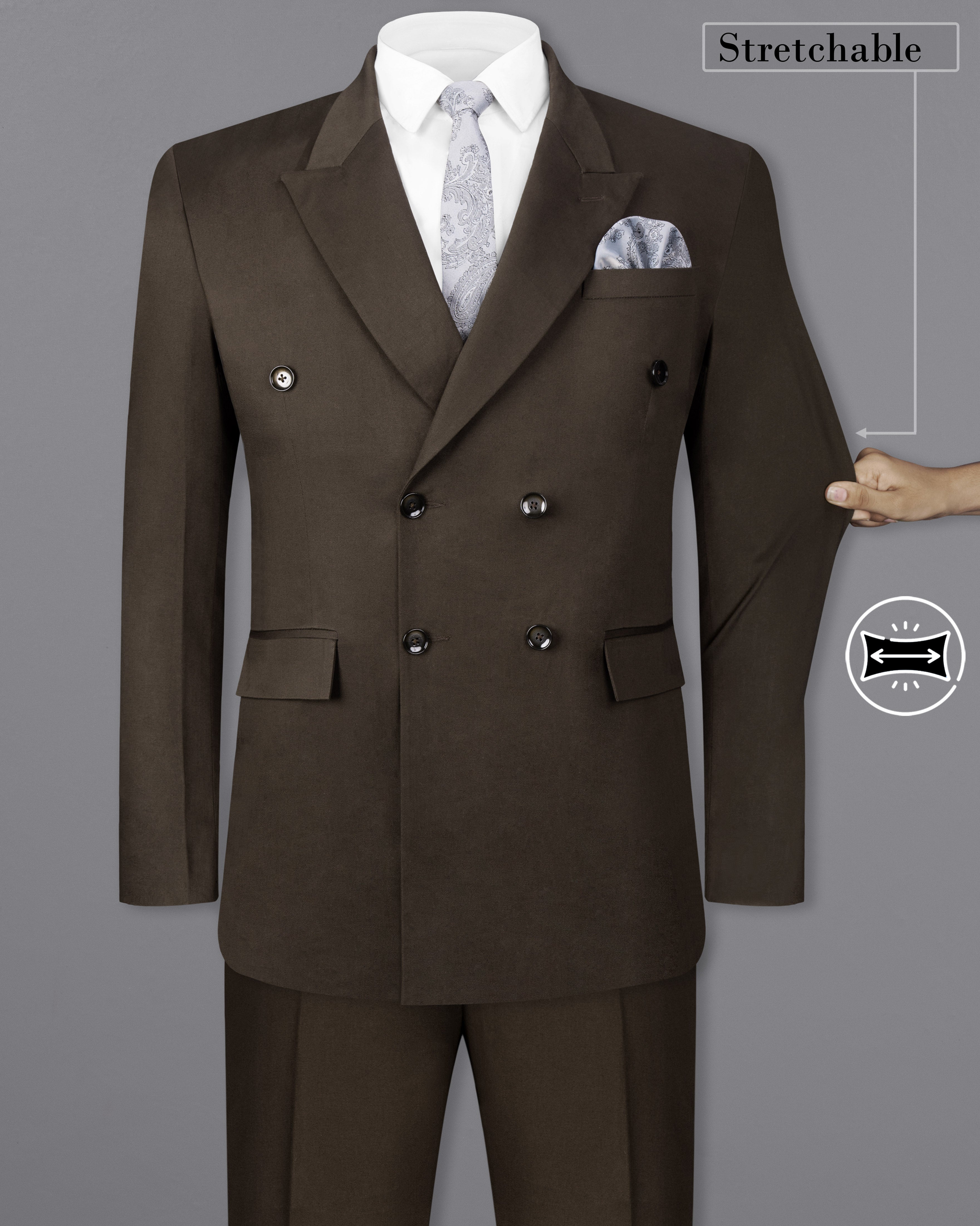 Walnut Brown Solid Stretchable Premium Cotton Double Breasted Traveler Suit ST2628-DB-36, ST2628-DB-38, ST2628-DB-40, ST2628-DB-42, ST2628-DB-44, ST2628-DB-46, ST2628-DB-48, ST2628-DB-50, ST2628-DB-52, ST2628-DB-54, ST2628-DB-56, ST2628-DB-58, ST2628-DB-60