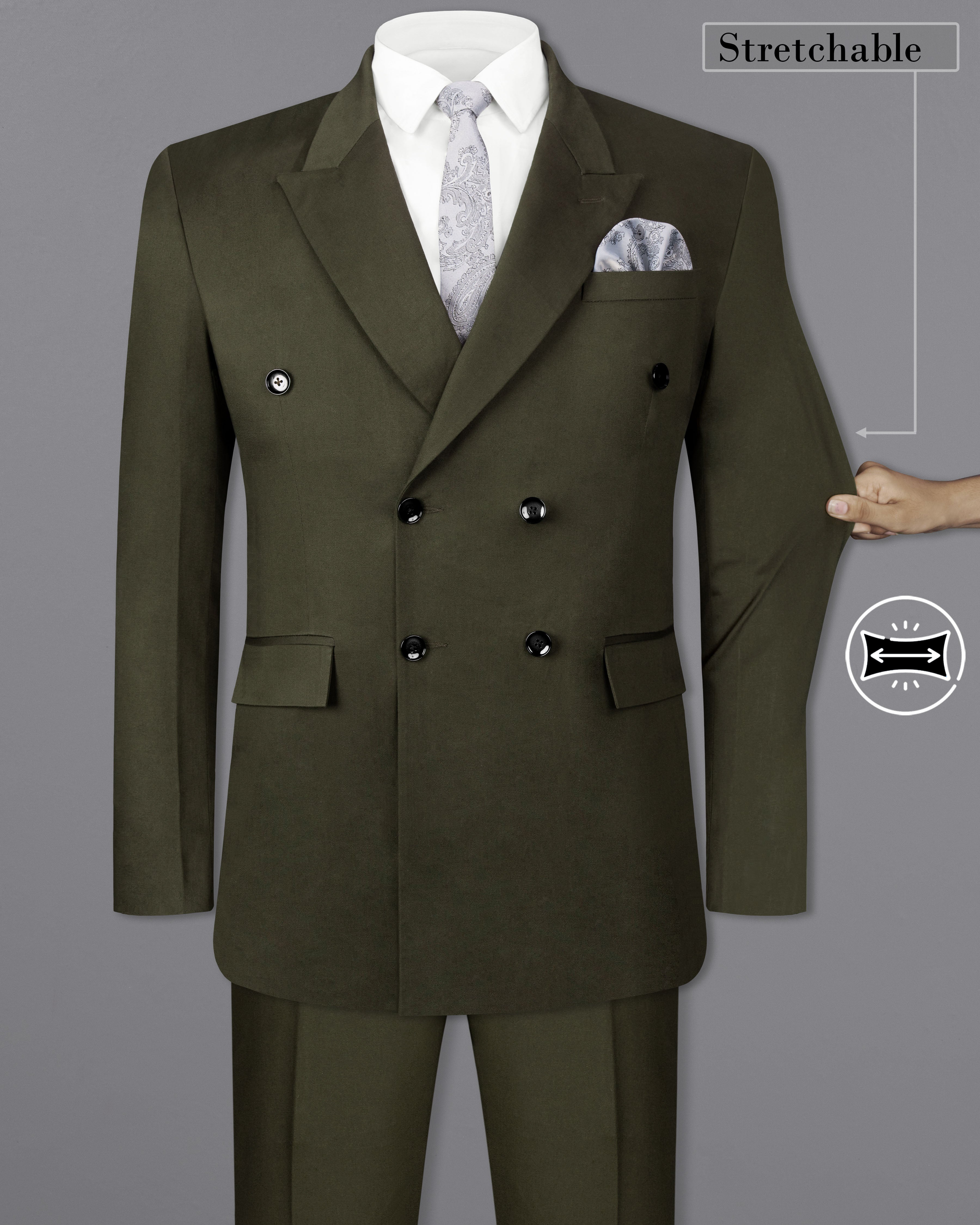 Taupe Green Solid Stretchable Premium Cotton Double Breasted Traveler Suit ST2643-DB-36, ST2643-DB-38, ST2643-DB-40, ST2643-DB-42, ST2643-DB-44, ST2643-DB-46, ST2643-DB-48, ST2643-DB-50, ST2643-DB-52, ST2643-DB-54, ST2643-DB-56, ST2643-DB-58, ST2643-DB-60