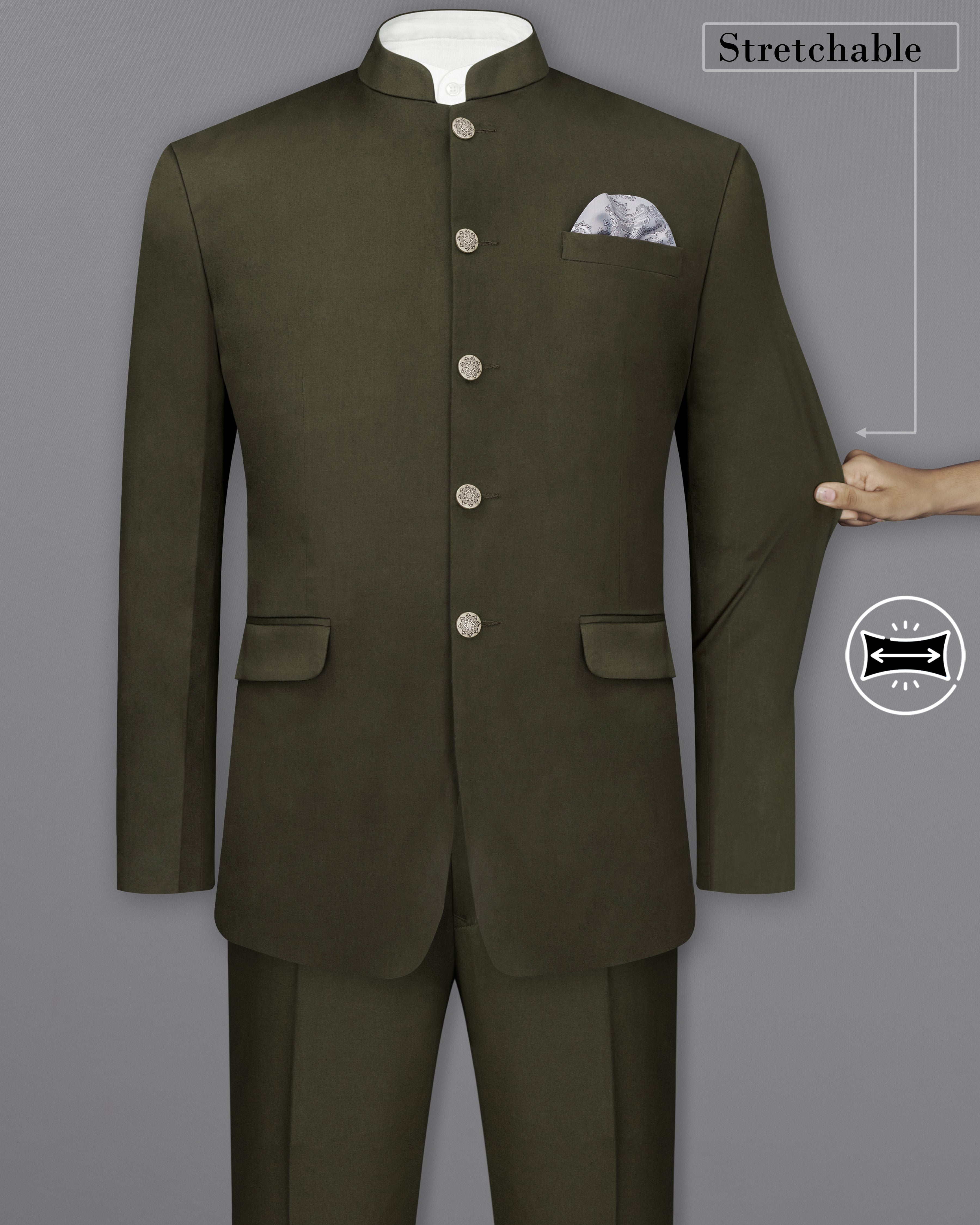 Taupe Green Solid Stretchable Premium Cotton Bandhgala Traveler Suit ST2644-BG-36, ST2644-BG-38, ST2644-BG-40, ST2644-BG-42, ST2644-BG-44, ST2644-BG-46, ST2644-BG-48, ST2644-BG-50, ST2644-BG-52, ST2644-BG-54, ST2644-BG-56, ST2644-BG-58, ST2644-BG-60