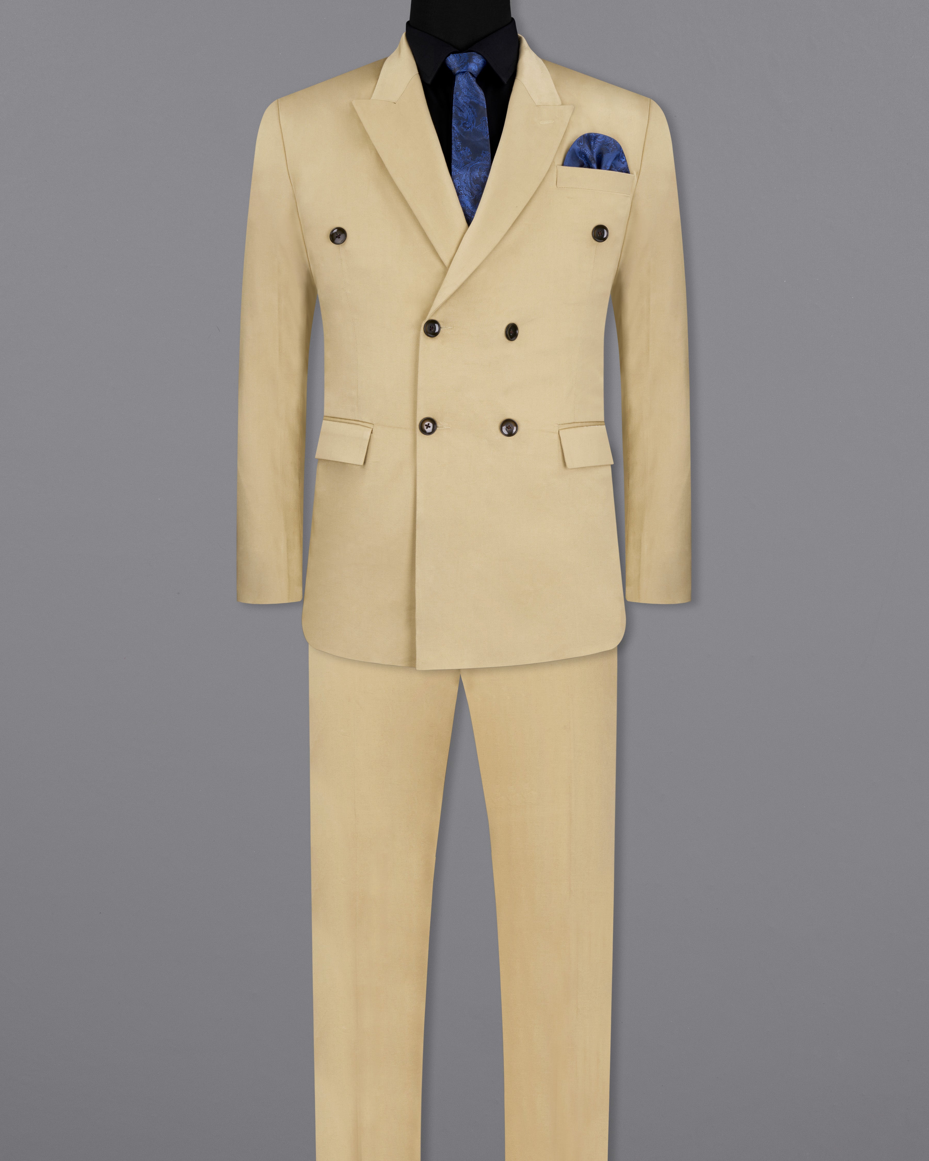 Pavlova Cream Plain-Solid Premium Cotton Double Breasted Suit For Men.