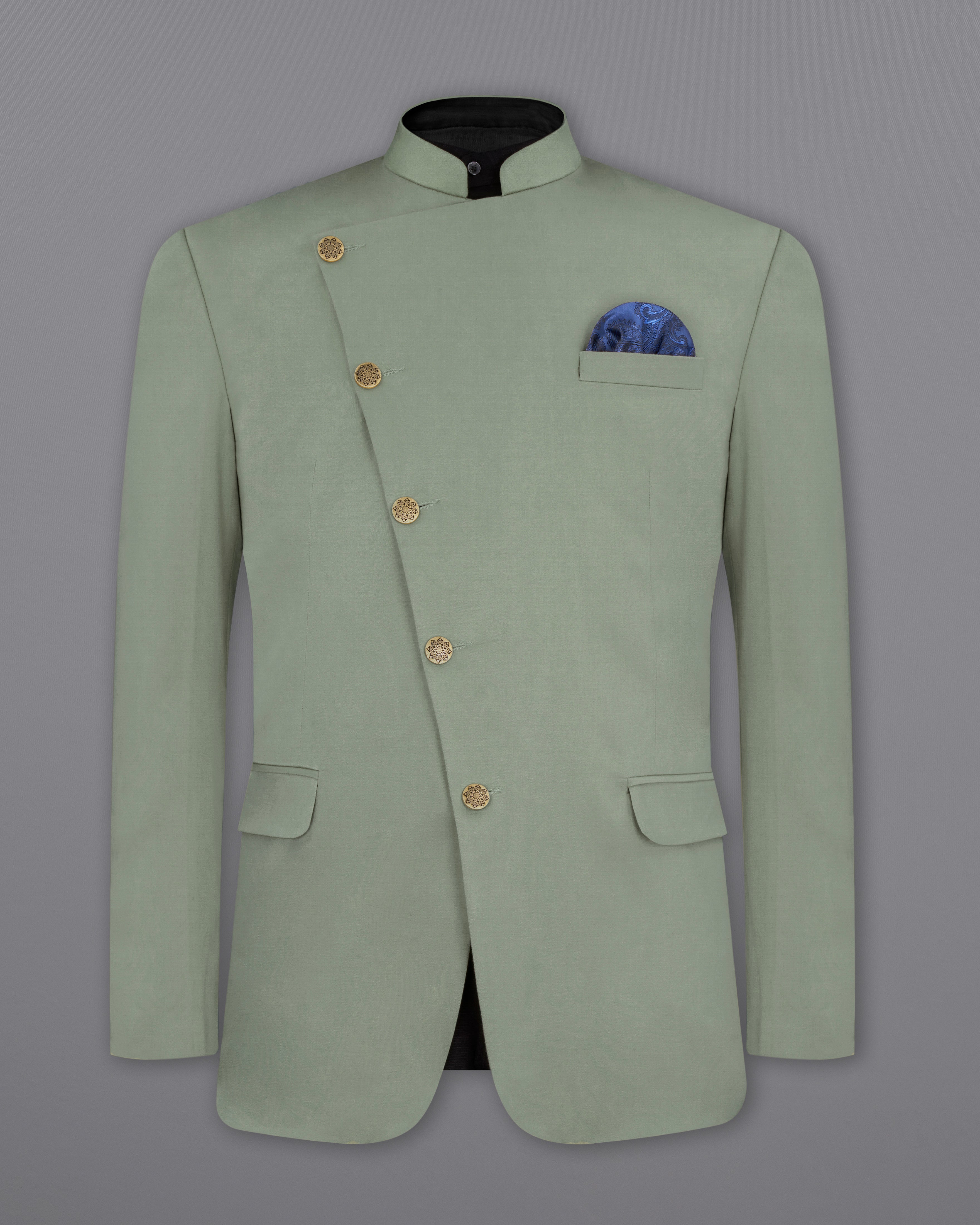 Granite Green Cross Placket Bandhgala Premium Cotton Stretchable Traveler Suit