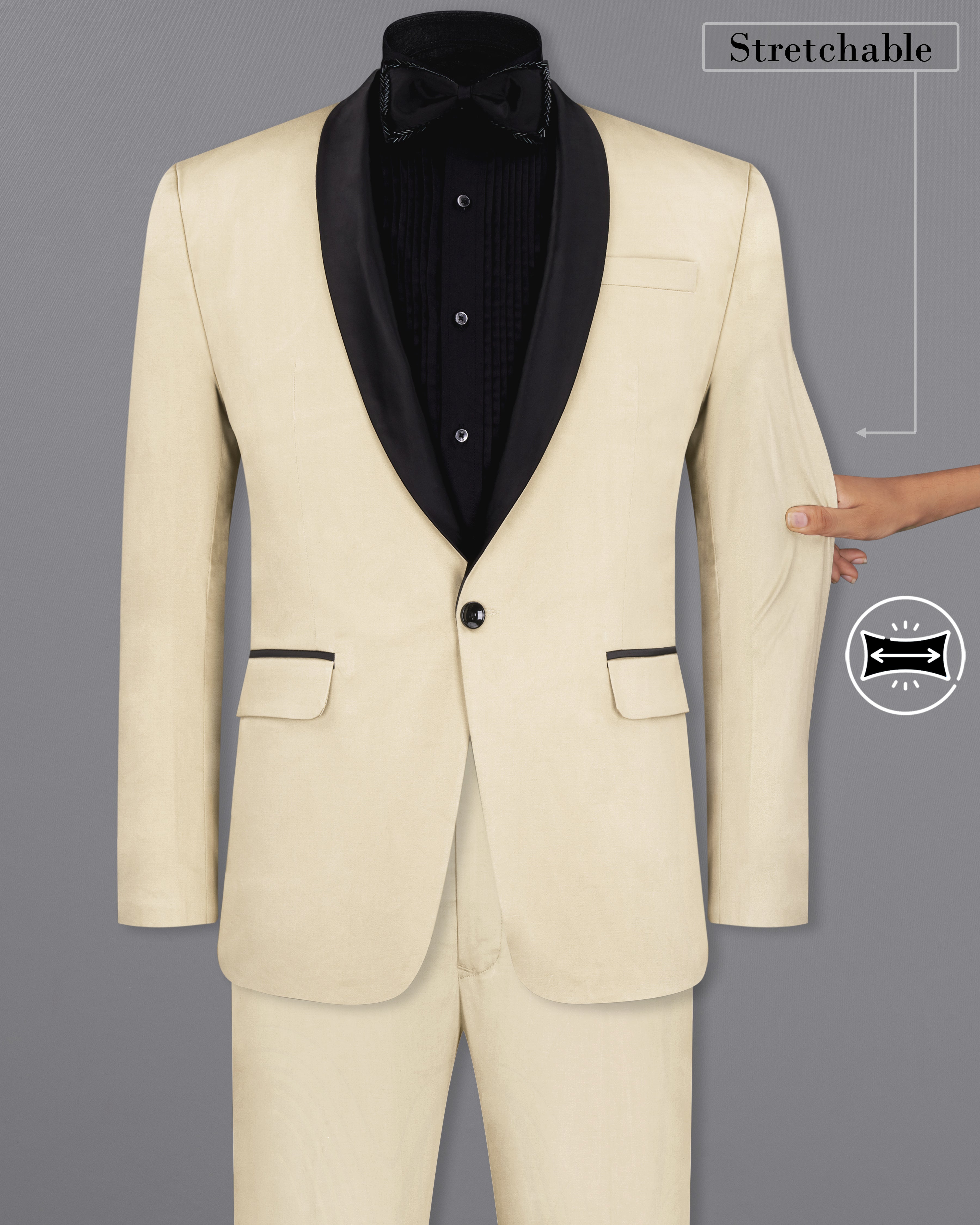 Moon Mist Beige Plain-Solid Premium Cotton Tuxedo-Suit for Men.