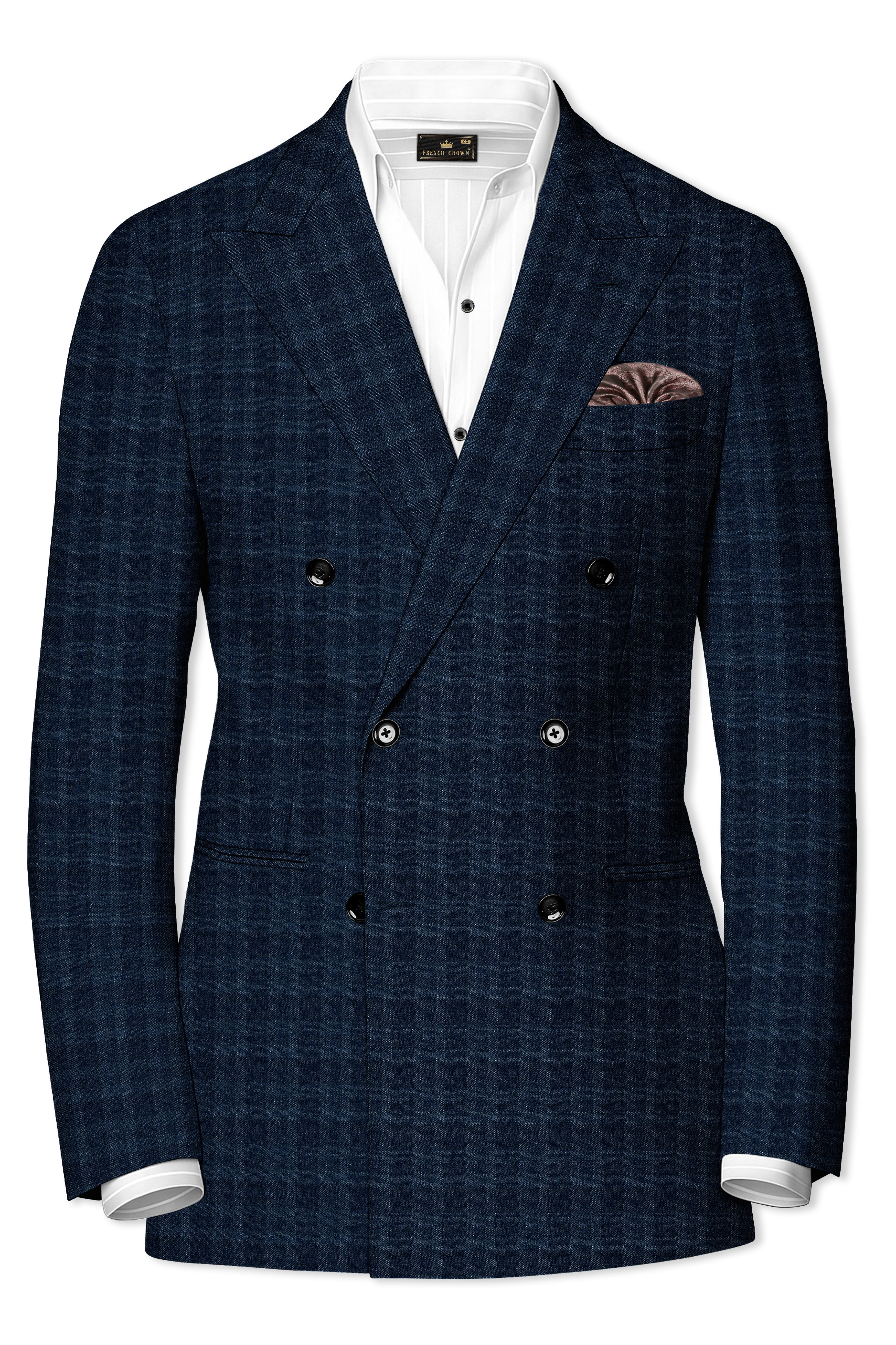 Baltic Sea Blue with Tuna Navy Blue Checkered Wool Rich Double Breasted Suit