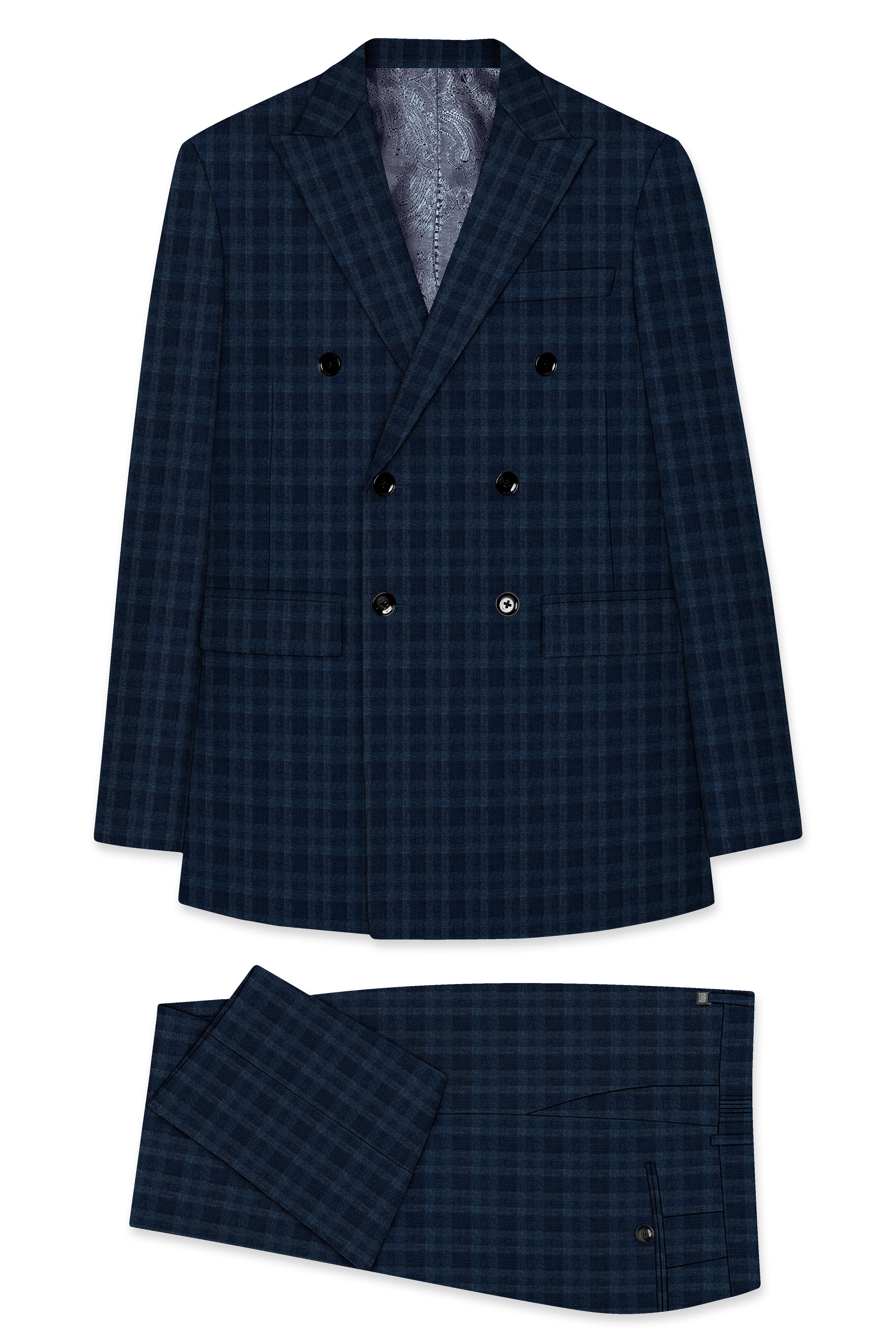 Baltic Sea Blue with Tuna Navy Blue Checkered Wool Rich Double Breasted Suit