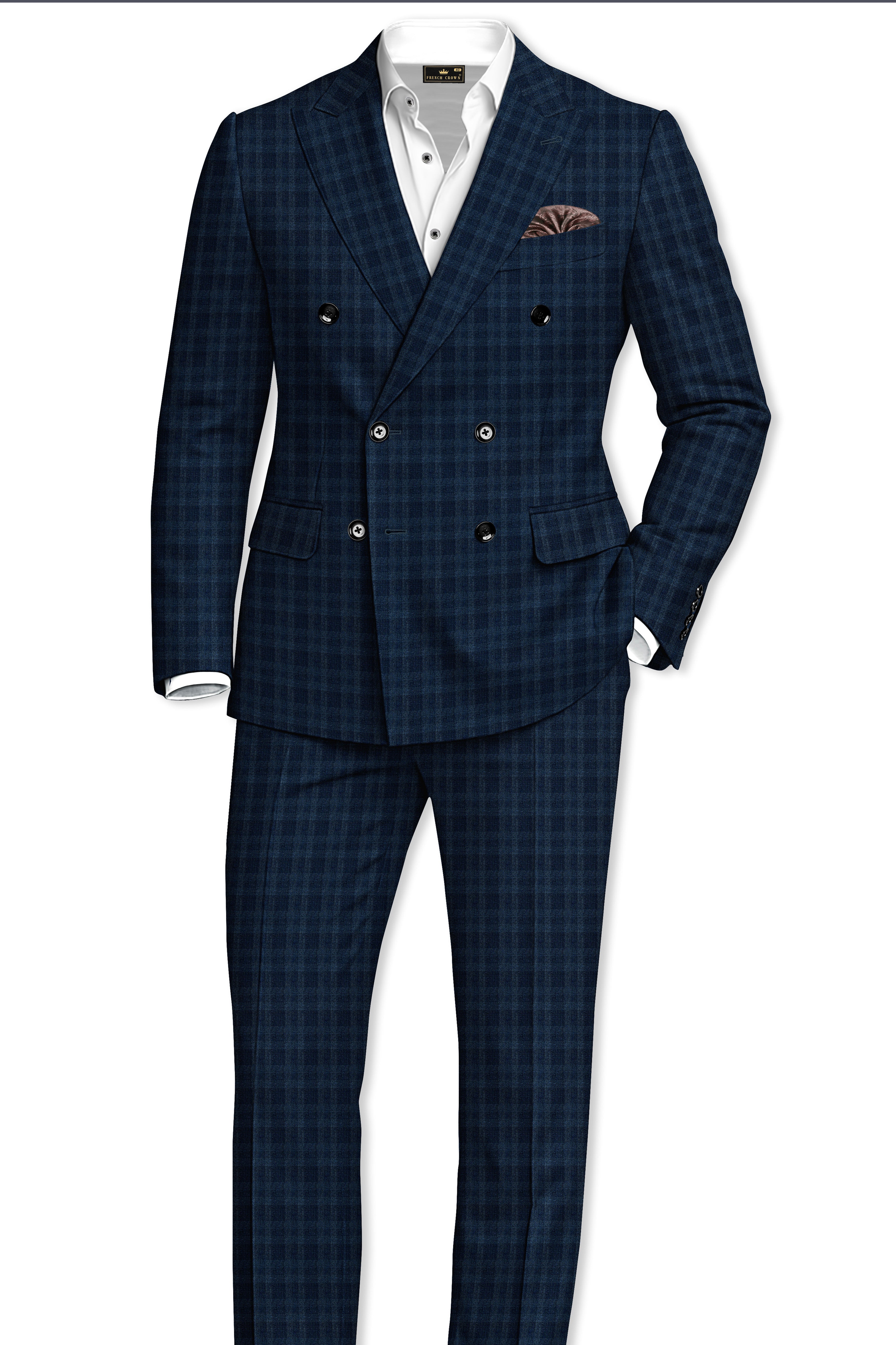 Baltic Sea Blue with Tuna Navy Blue Checkered Wool Rich Double Breasted Suit