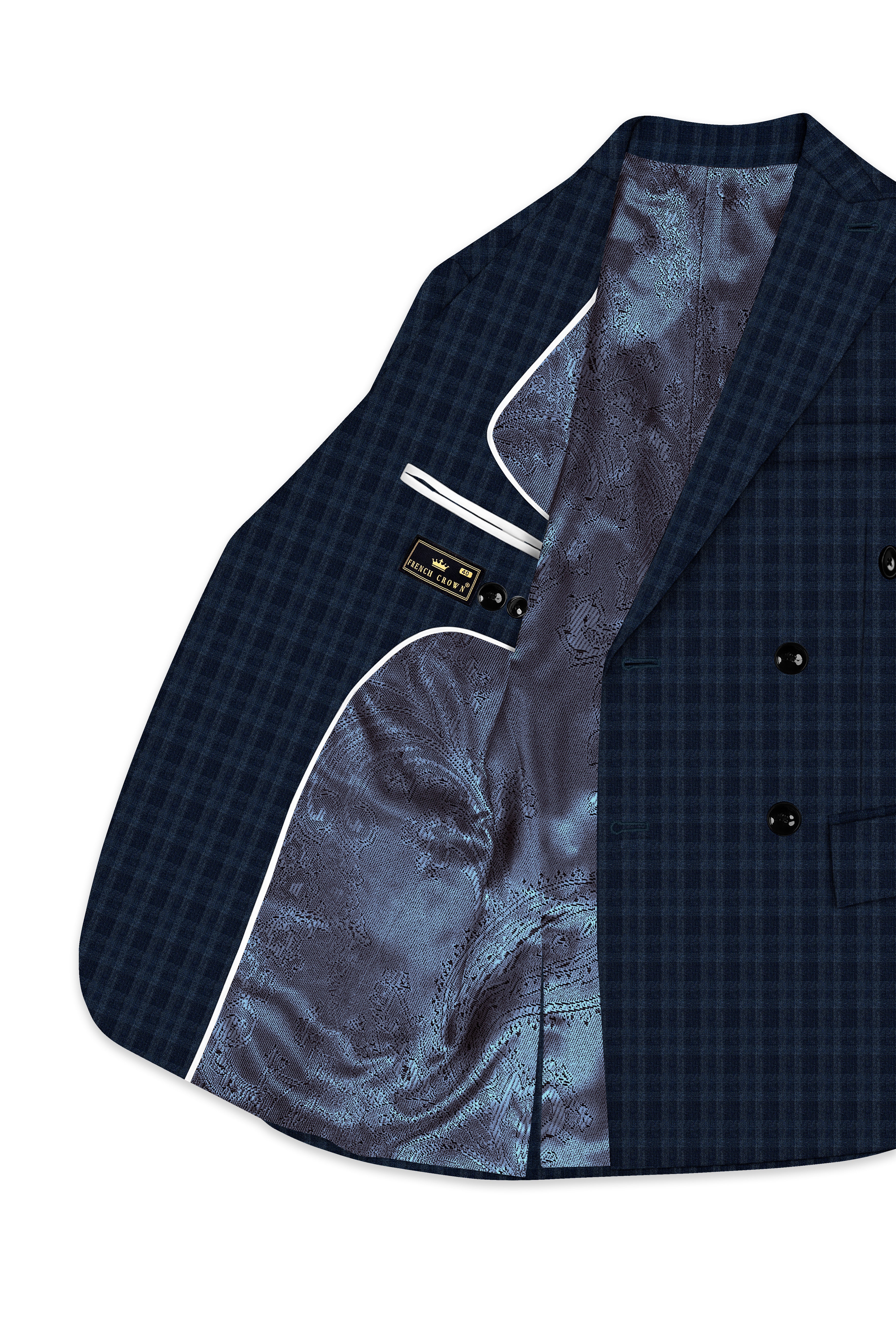 Baltic Sea Blue with Tuna Navy Blue Checkered Wool Rich Double Breasted Suit
