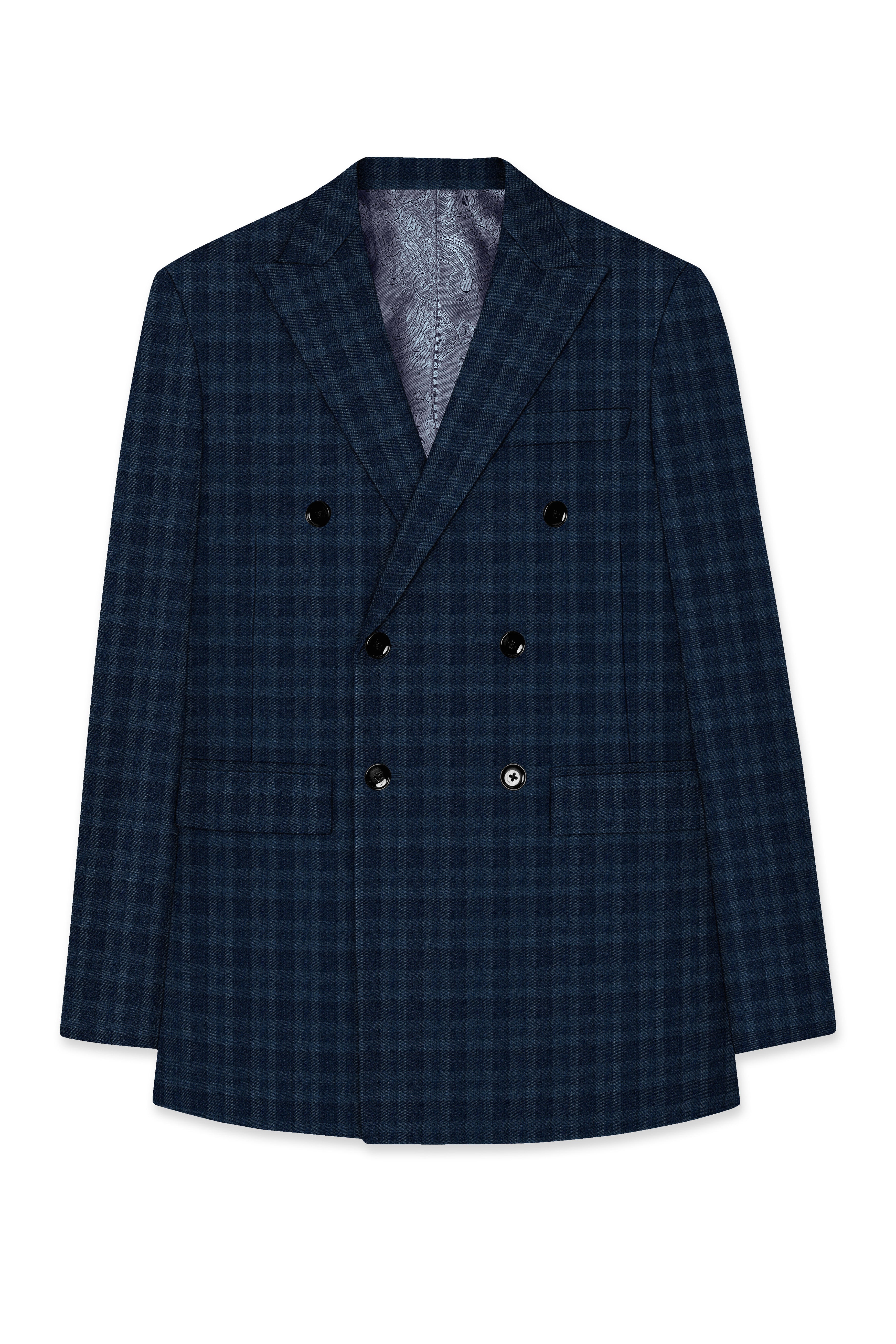 Baltic Sea Blue with Tuna Navy Blue Checkered Wool Rich Double Breasted Suit