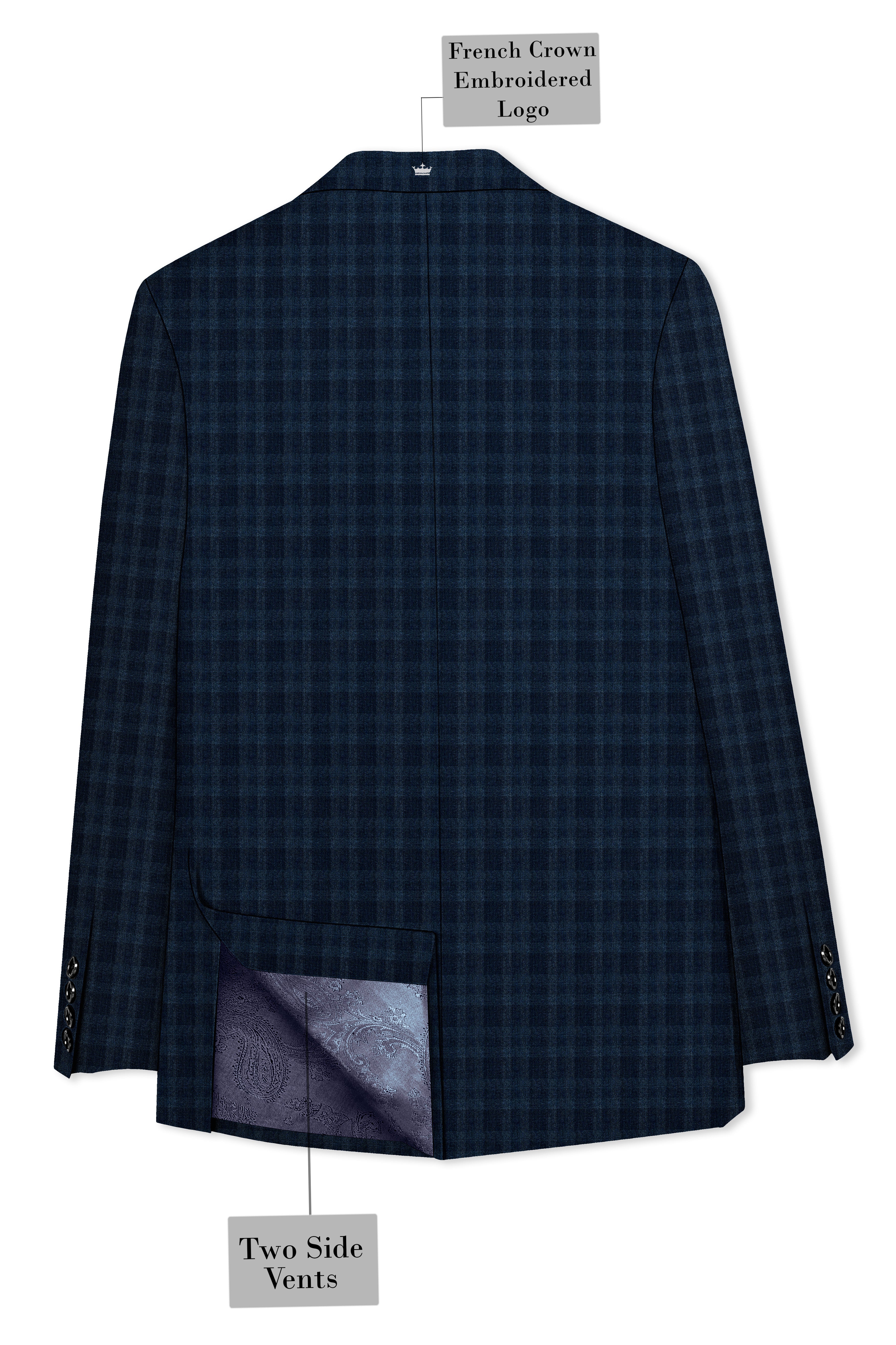 Baltic Sea Blue with Tuna Navy Blue Checkered Wool Rich Double Breasted Suit