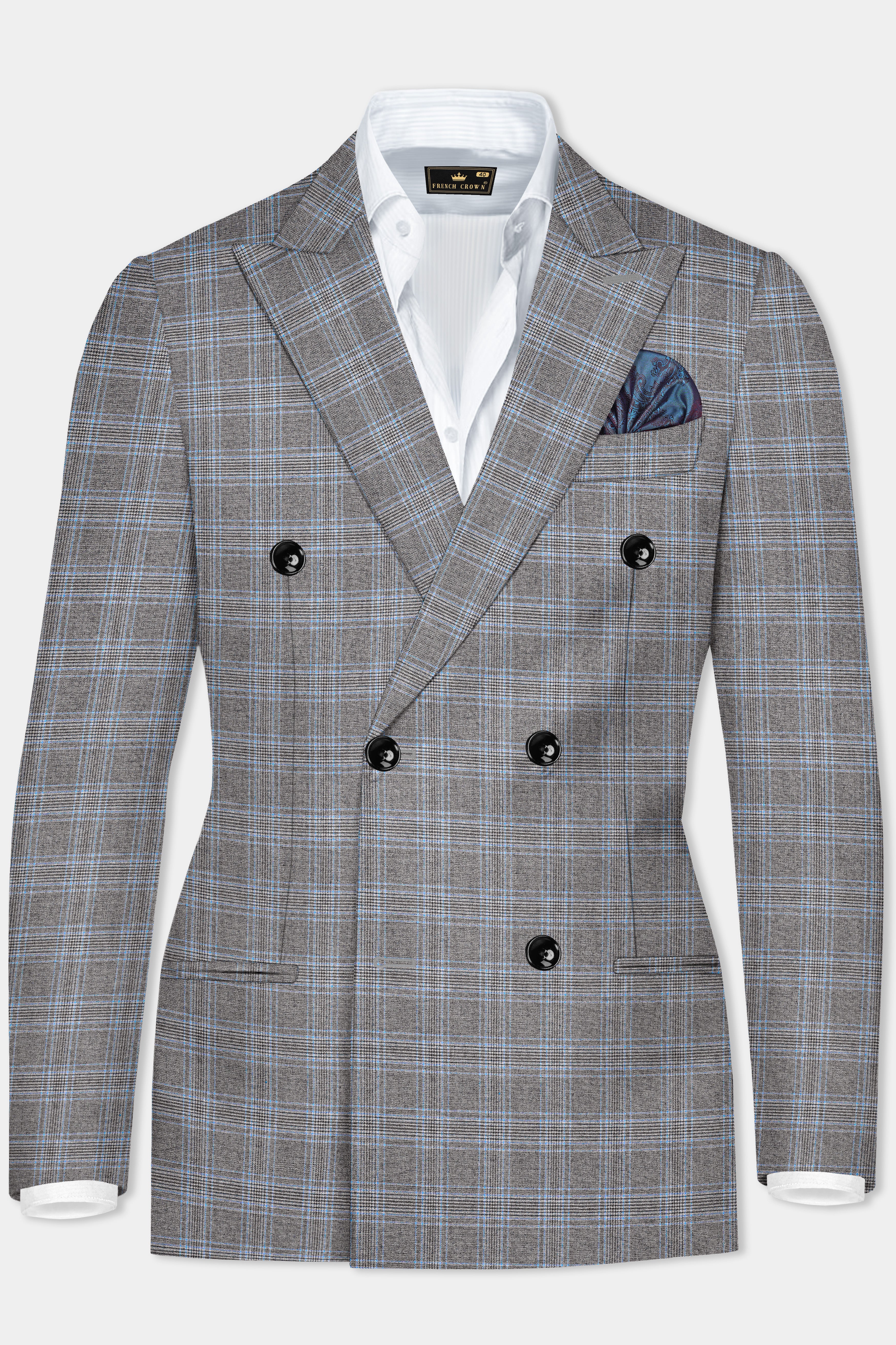 Dorado Blue with Casper Gray Plaid Wool Rich Double Breasted Suit