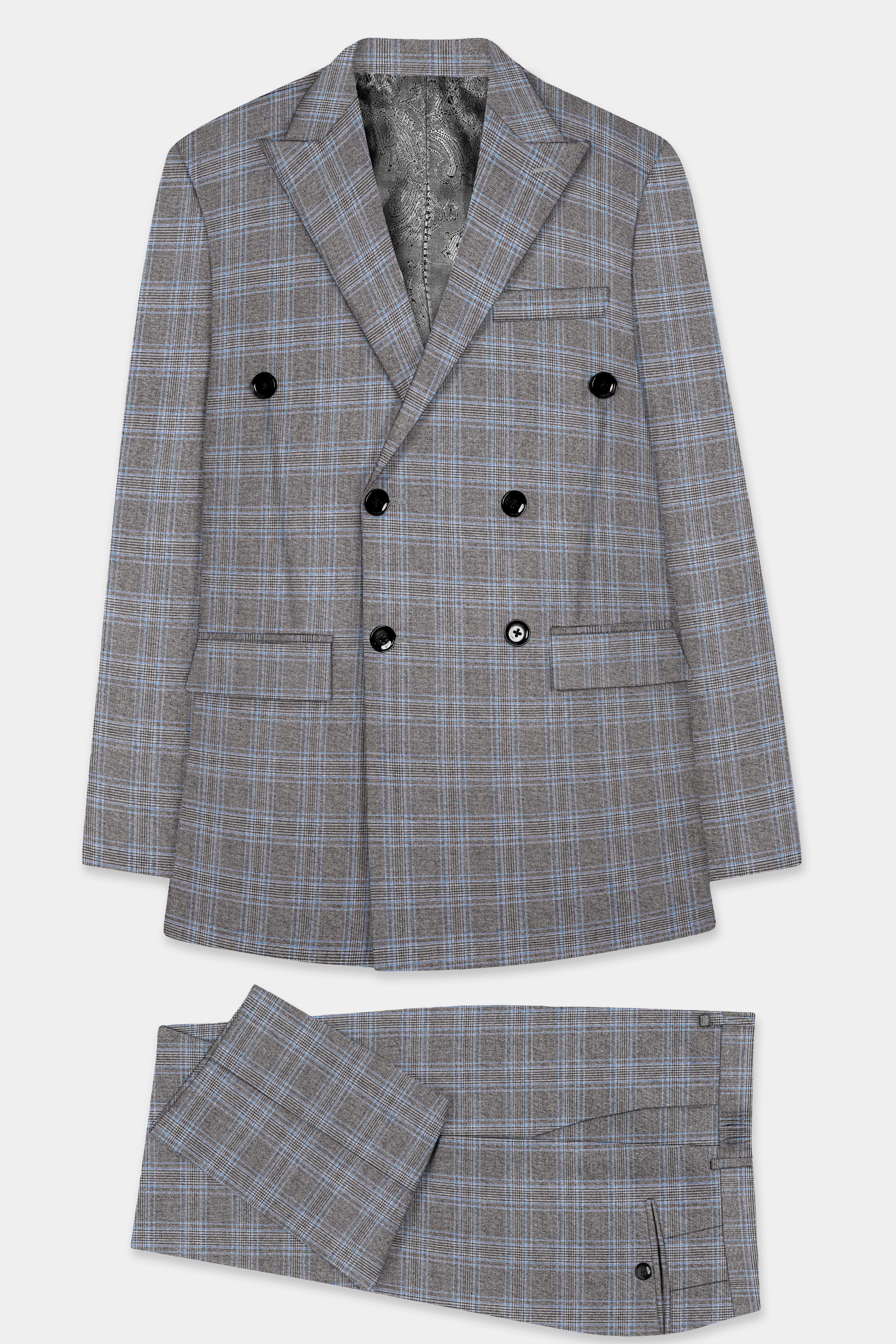 Dorado Blue with Casper Gray Plaid Wool Rich Double Breasted Suit