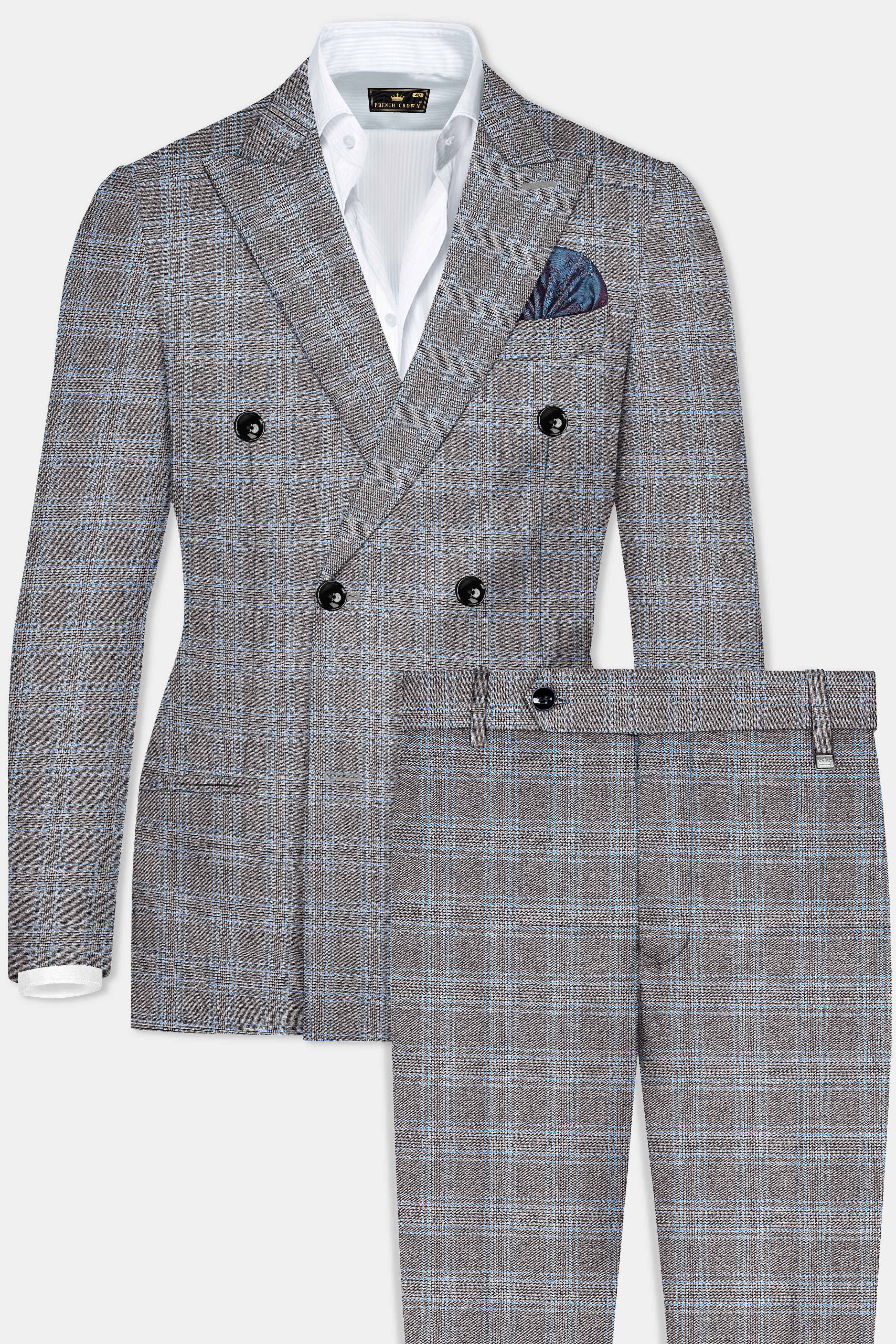 Dorado Blue with Casper Gray Plaid Wool Rich Double Breasted Suit