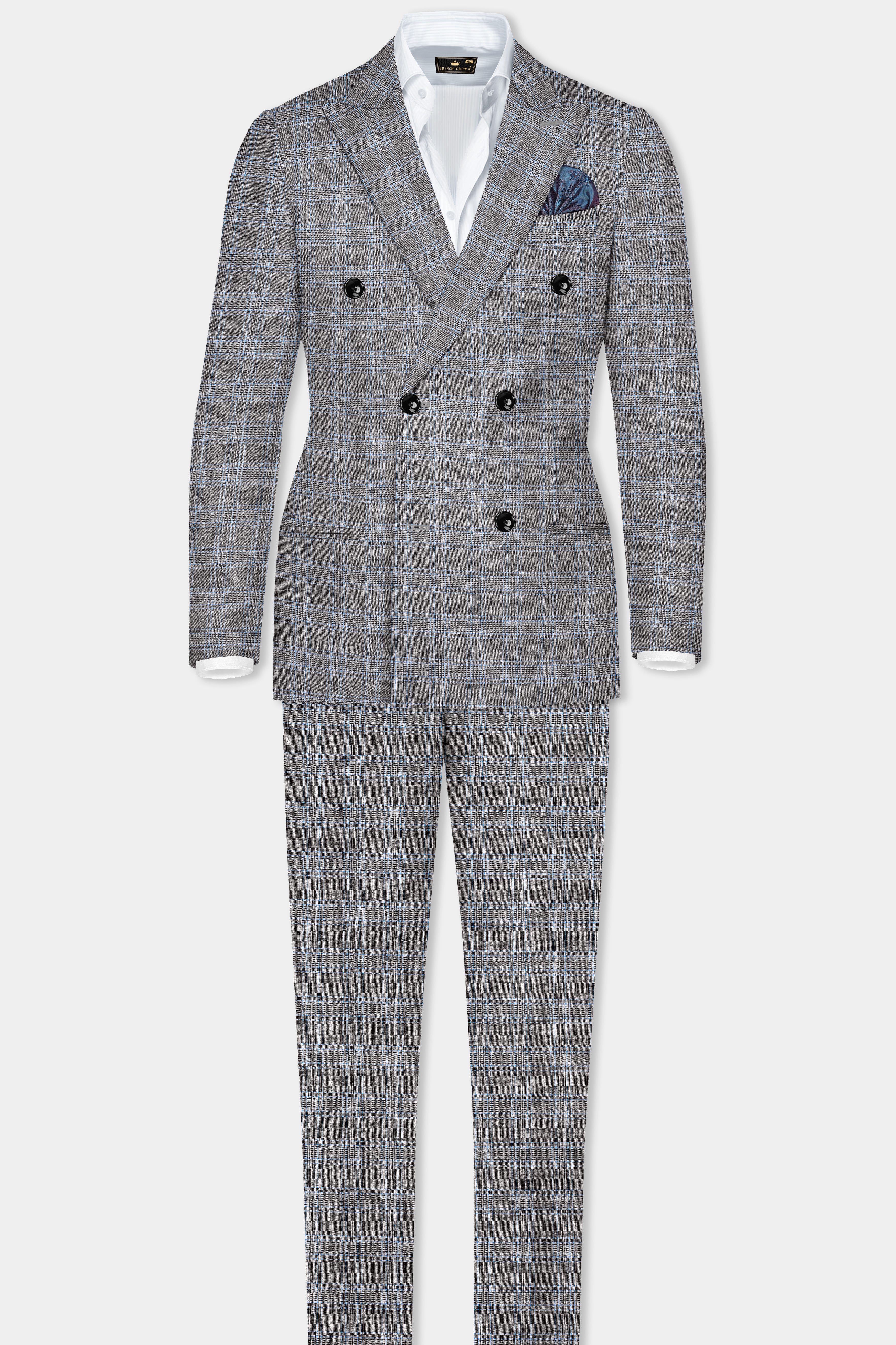 Dorado Blue with Casper Gray Plaid Wool Rich Double Breasted Suit