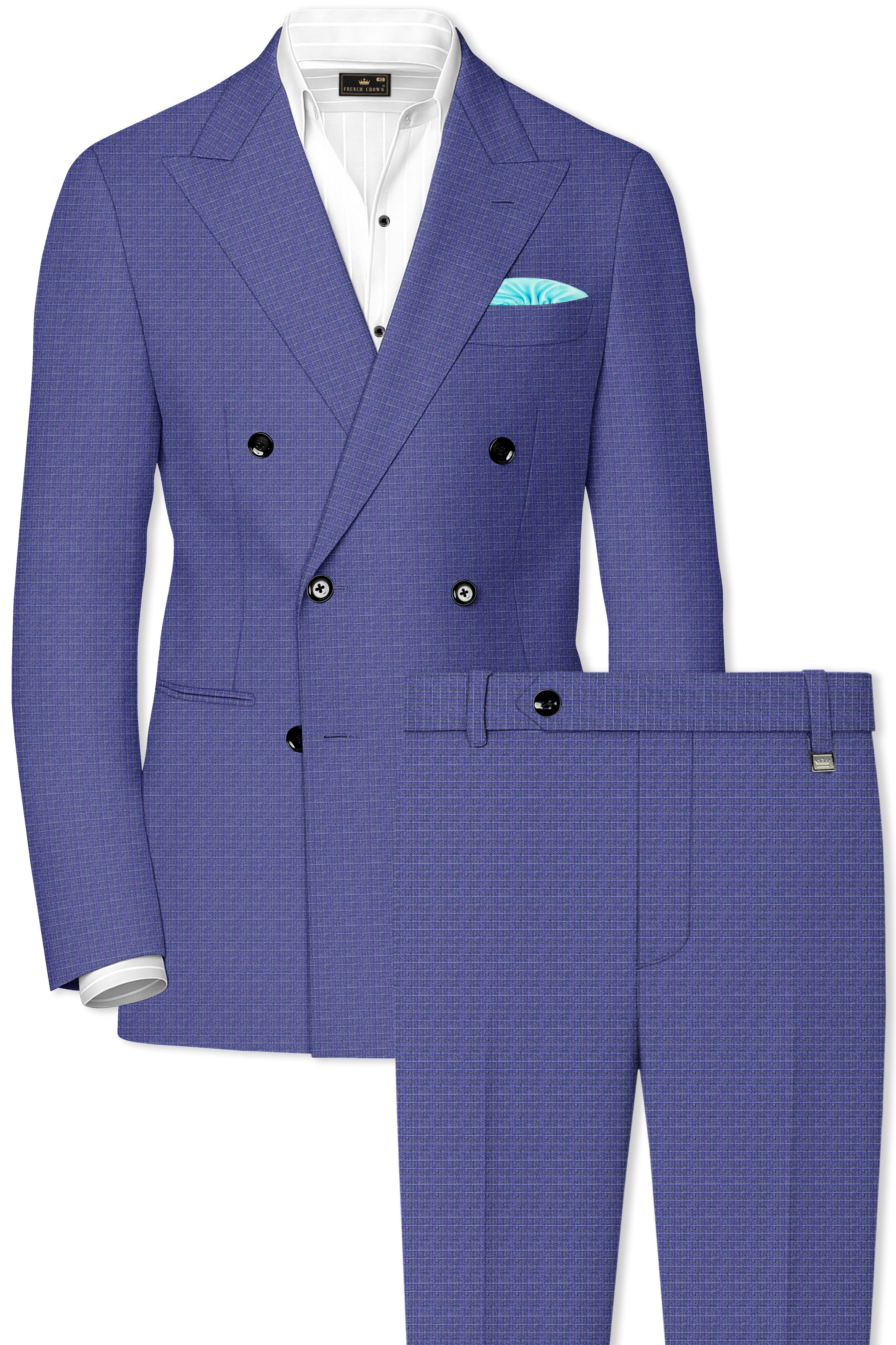 Twilight Blue Checkered Double Breasted Wool Rich Suit