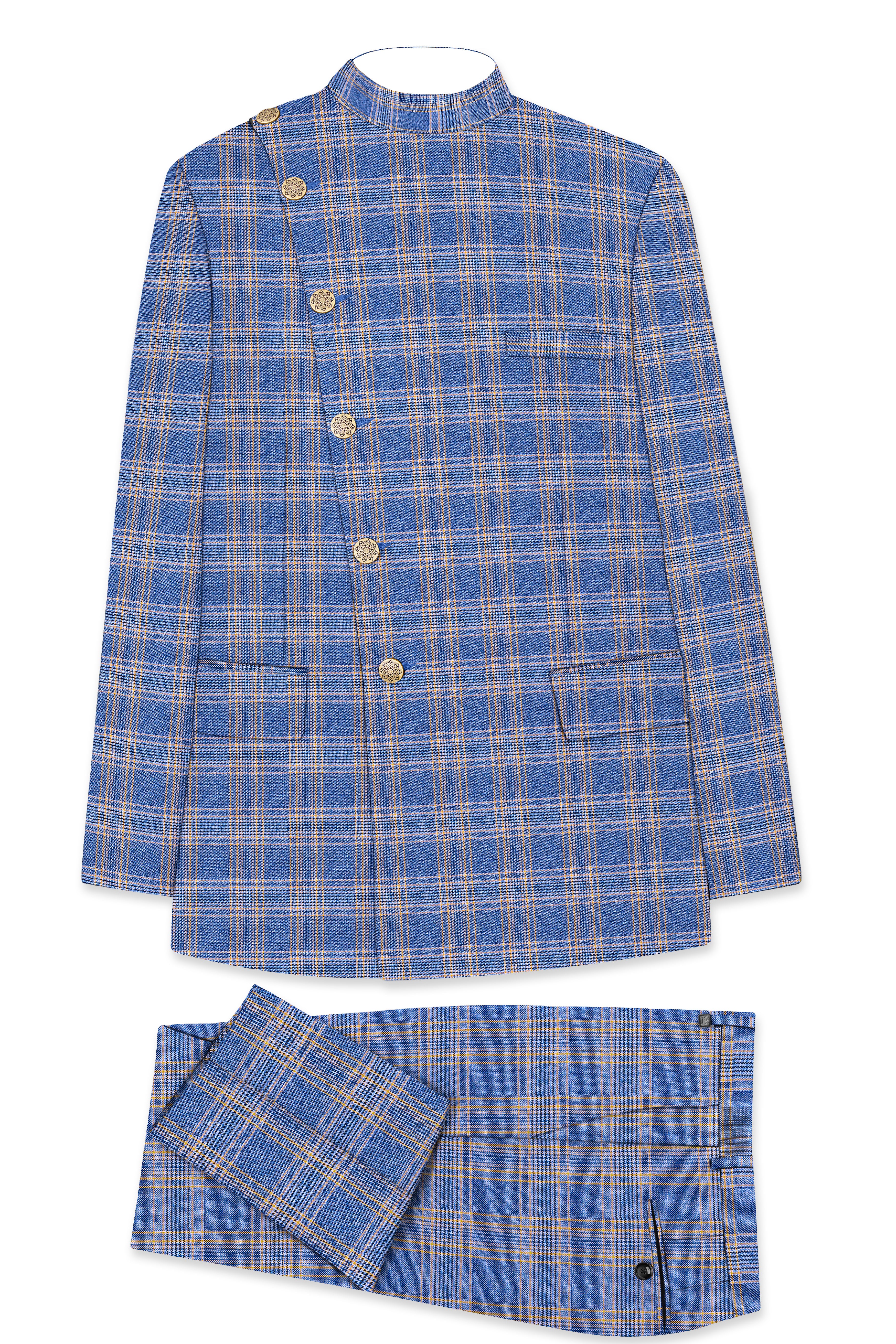 Scampi Blue and Muesli Brown Plaid Wool Rich Cross Placket Bandhgala Suit