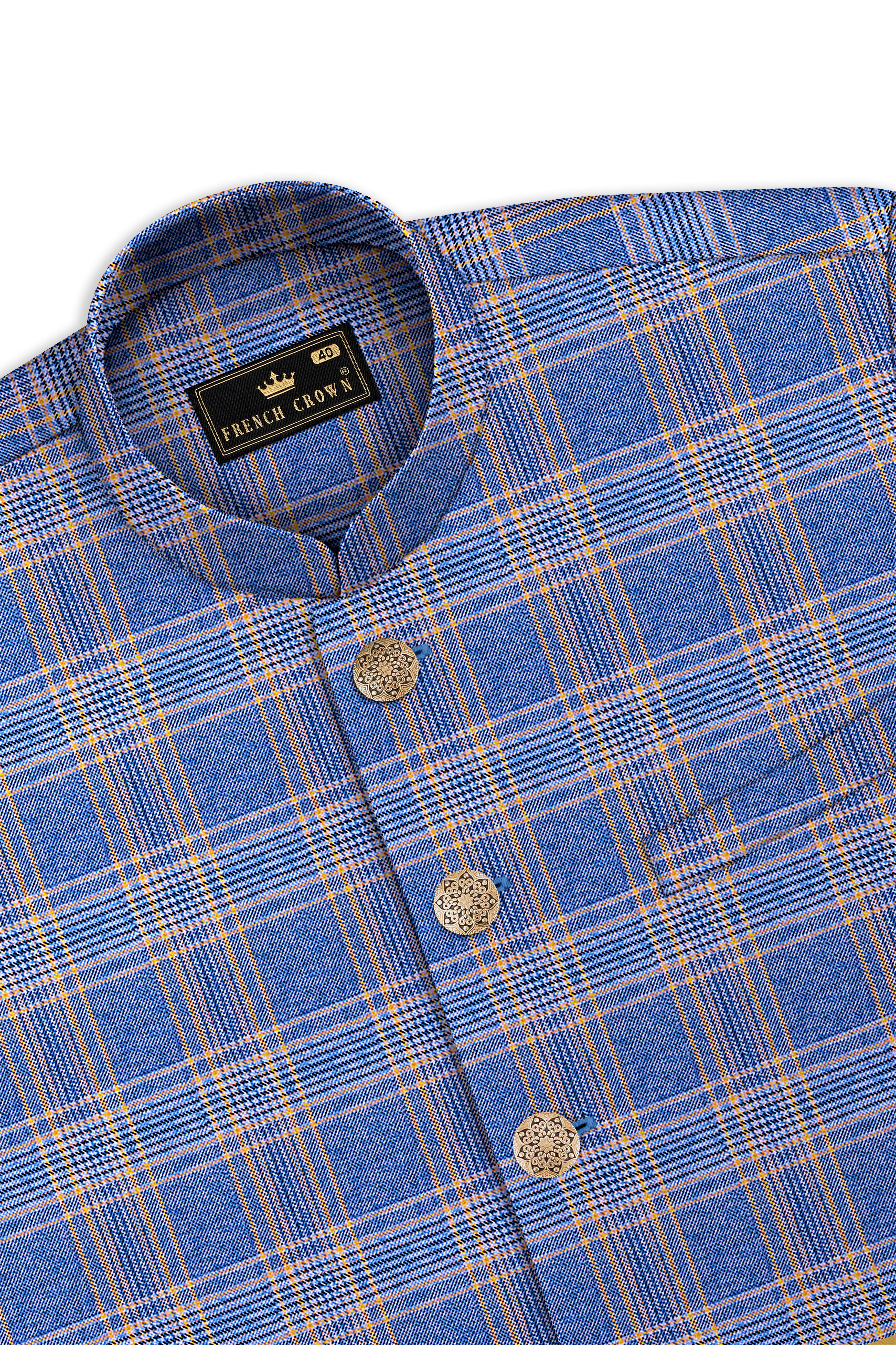 Scampi Blue and Muesli Brown Plaid Wool Rich Cross Placket Bandhgala Suit