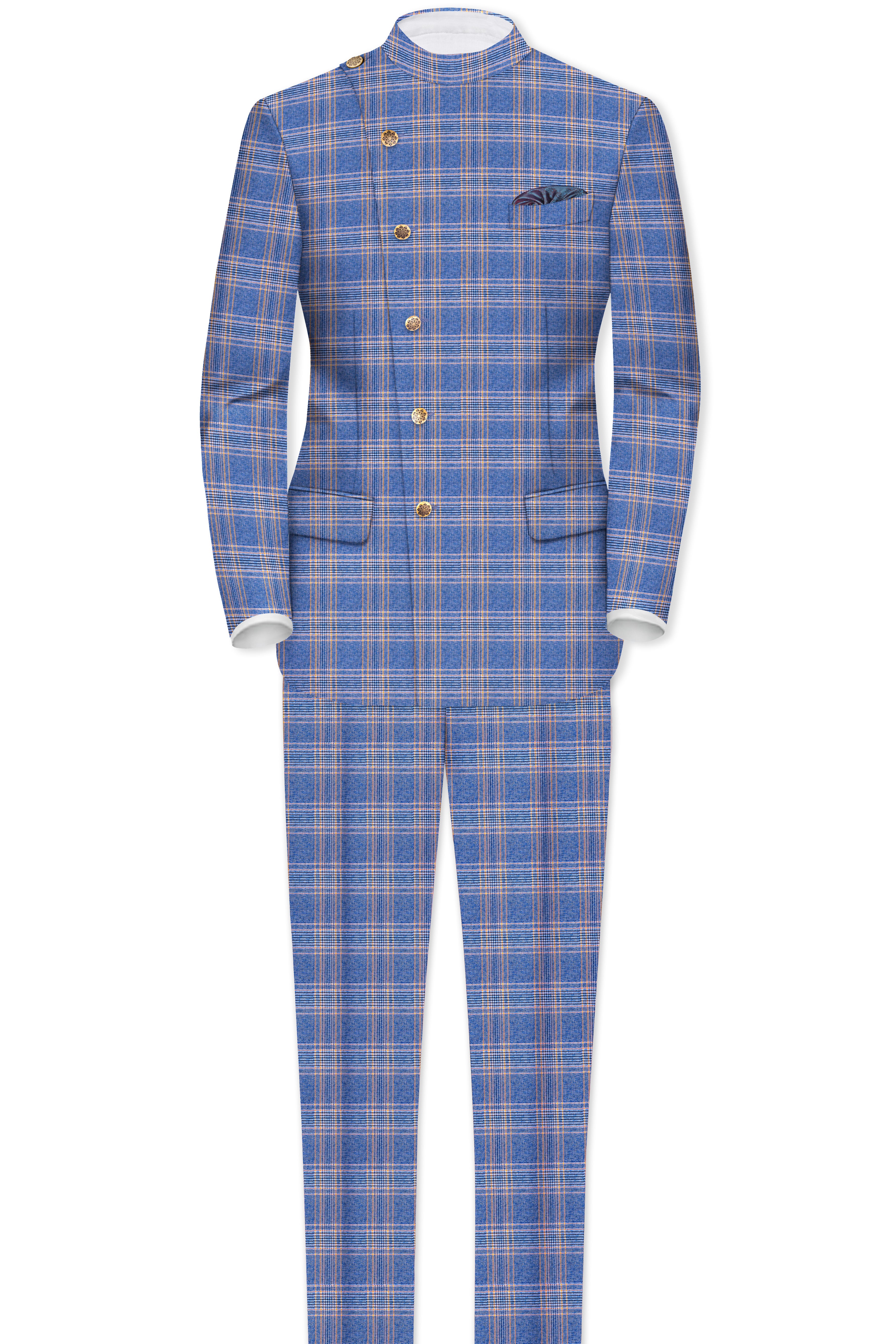 Scampi Blue and Muesli Brown Plaid Wool Rich Cross Placket Bandhgala Suit