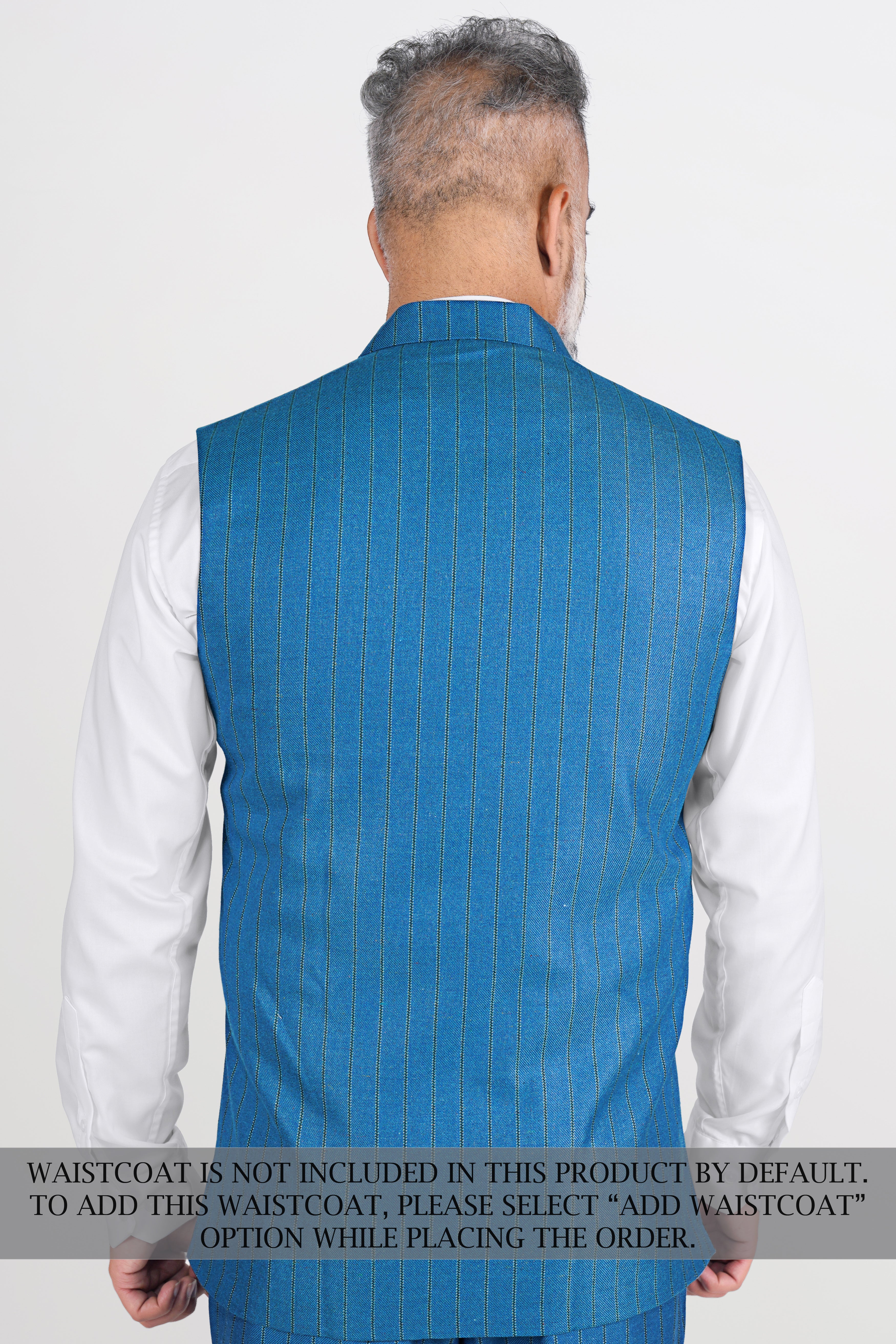 Glacial Blue Striped Tweed Bandhgala Designer Suit