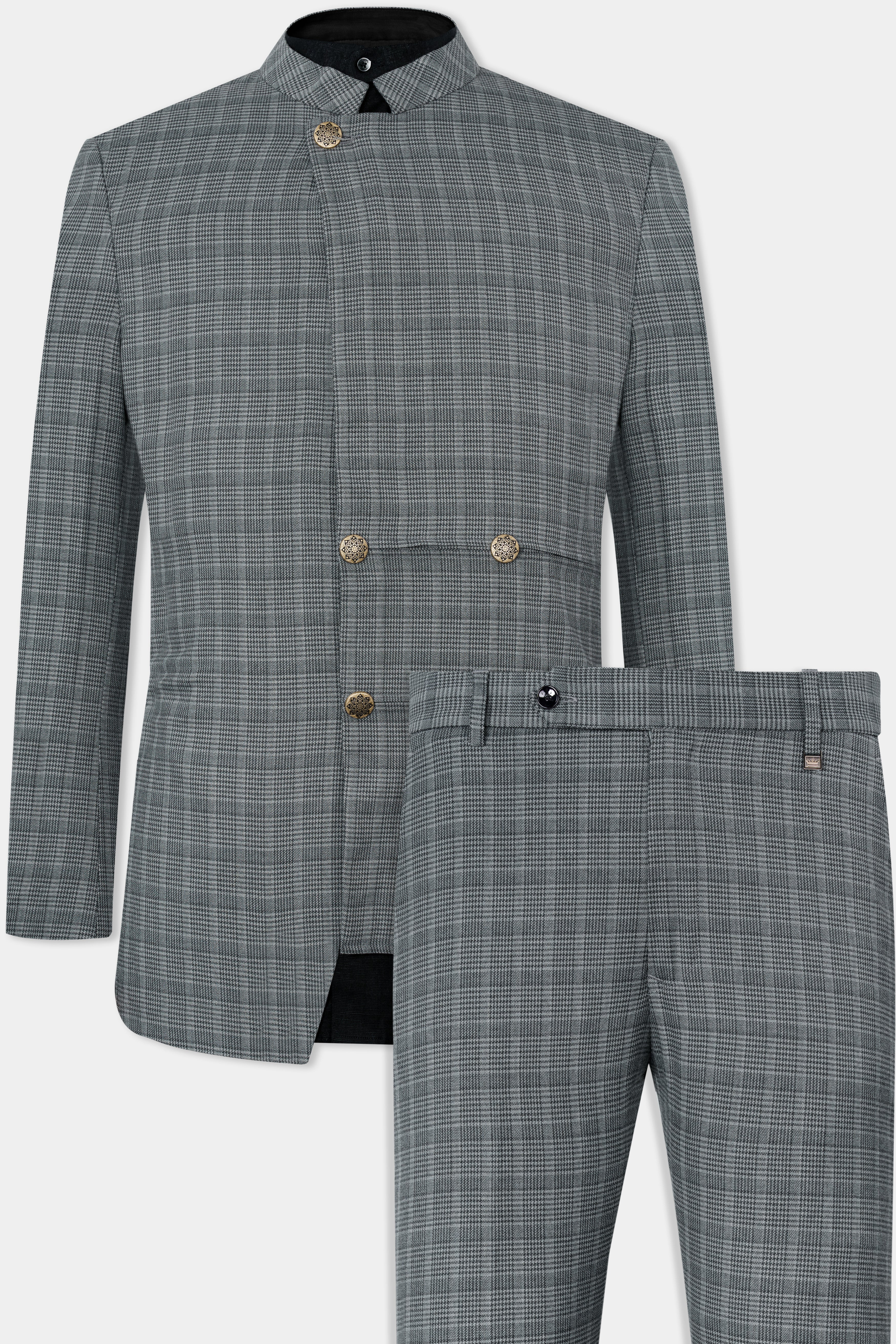 Oslo Gray Checkered Wool Rich Bandhgala Designer Stretchable traveler Suit ST2801-D38-36, ST2801-D38-38, ST2801-D38-40, ST2801-D38-42, ST2801-D38-44, ST2801-D38-46, ST2801-D38-48, ST2801-D38-50, ST2801-D38-52, ST2801-D38-54, ST2801-D38-56, ST2801-D38-58, ST2801-D38-60