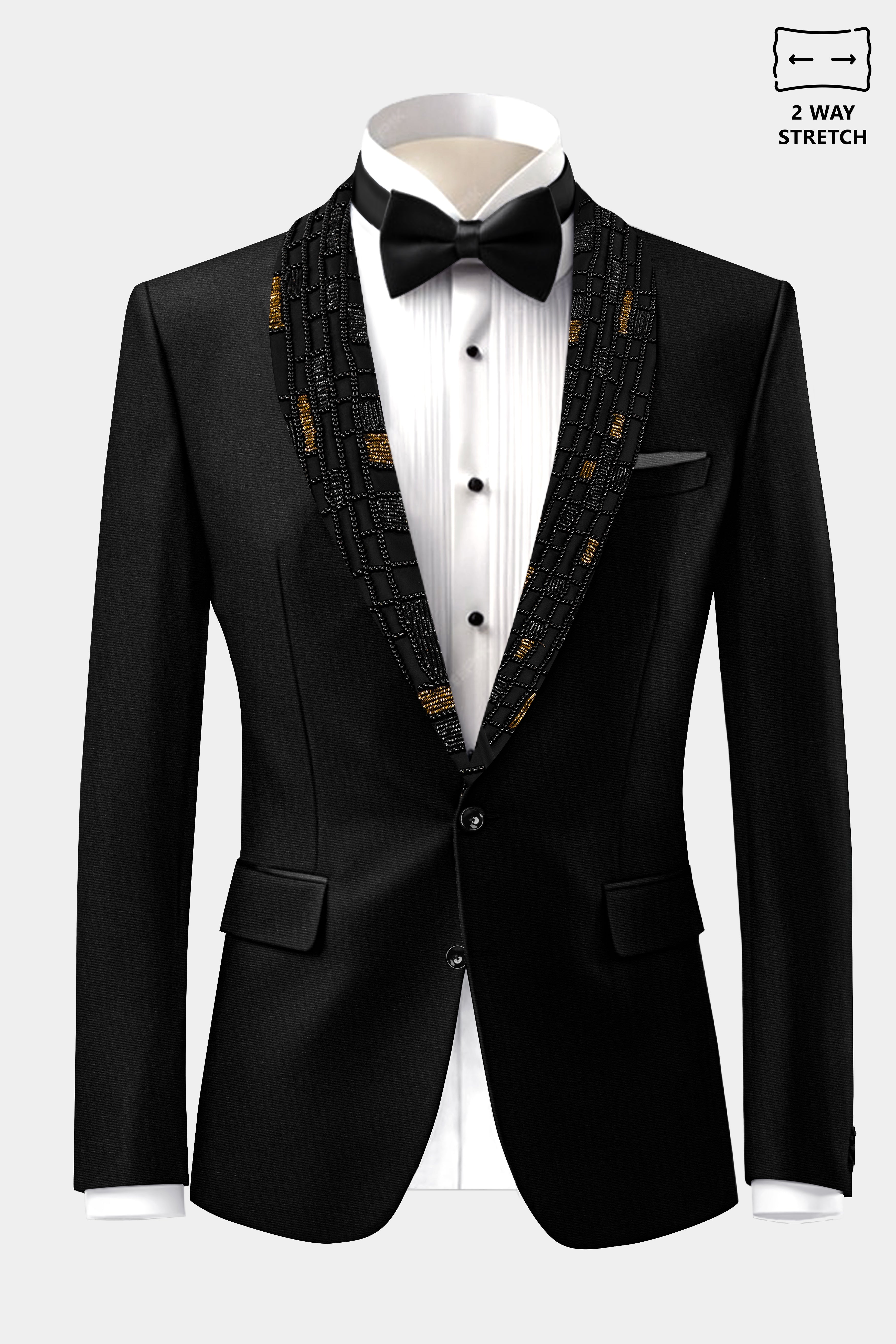 Jade Black Stretchable Wool Rich Tuxedo Designer Suit