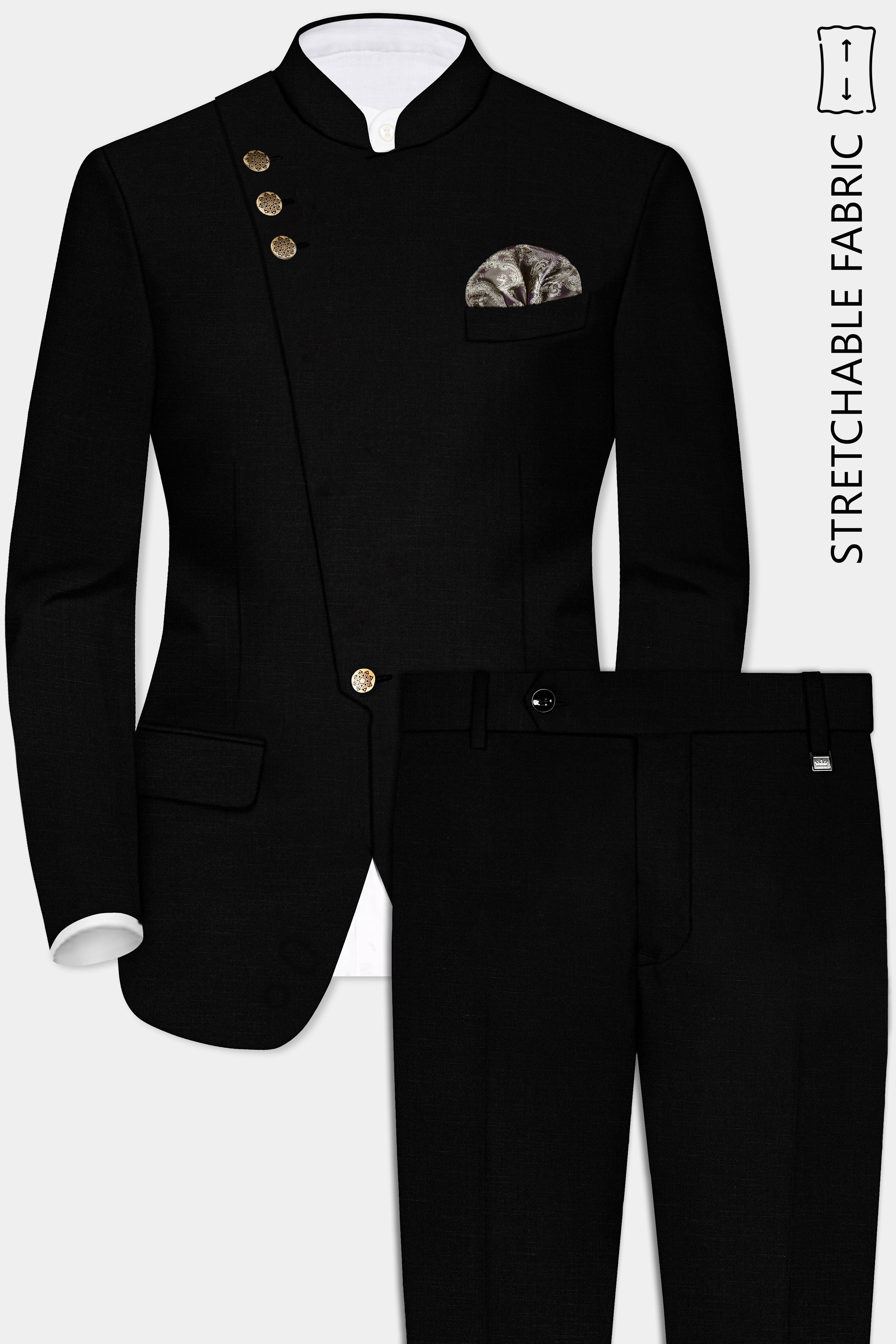 Jade Black Wool Rich Cross Placket Bandhgala Designer Stretchable traveler Suit