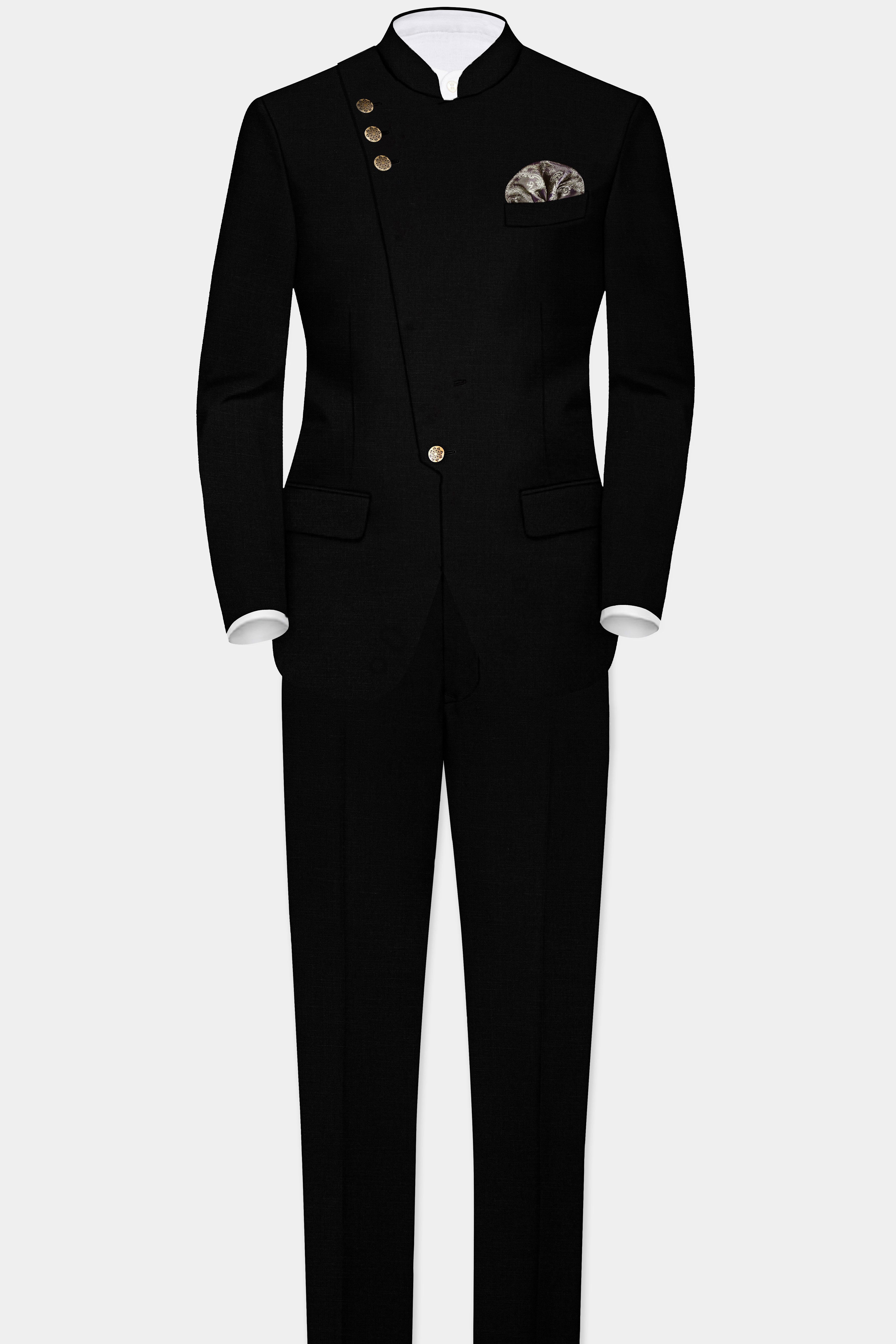 Jade Black Wool Rich Cross Placket Bandhgala Designer Stretchable traveler Suit