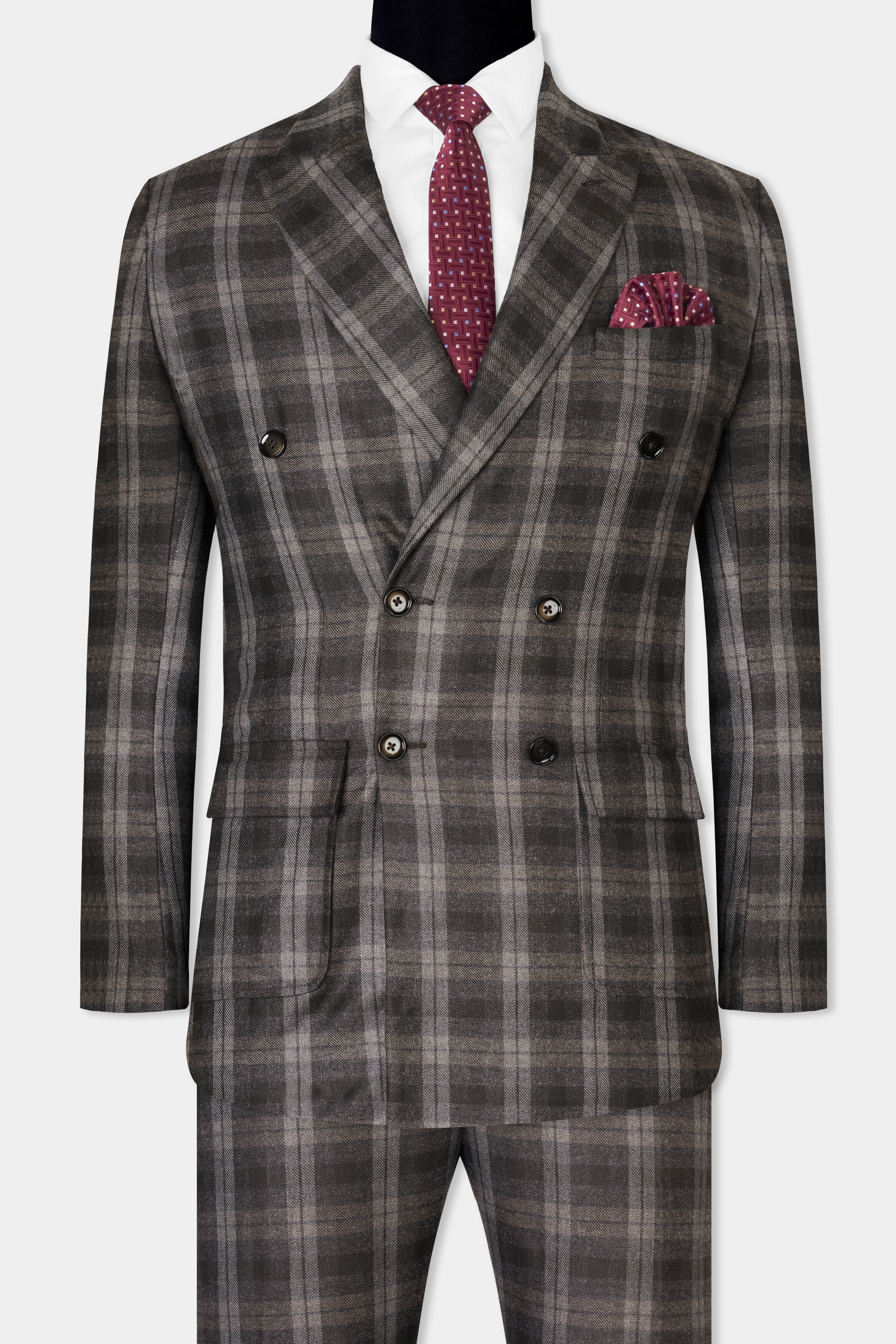 Dorado Brown Plaid Tweed Double-Breasted Suit ST2842-DB-PP-D74-36, ST2842-DB-PP-D74-38, ST2842-DB-PP-D74-40, ST2842-DB-PP-D74-42, ST2842-DB-PP-D74-44, ST2842-DB-PP-D74-46, ST2842-DB-PP-D74-48, ST2842-DB-PP-D74-50, ST2842-DB-PP-D74-52, ST2842-DB-PP-D74-54, ST2842-DB-PP-D74-56, ST2842-DB-PP-D74-58, ST2842-DB-PP-D74-60