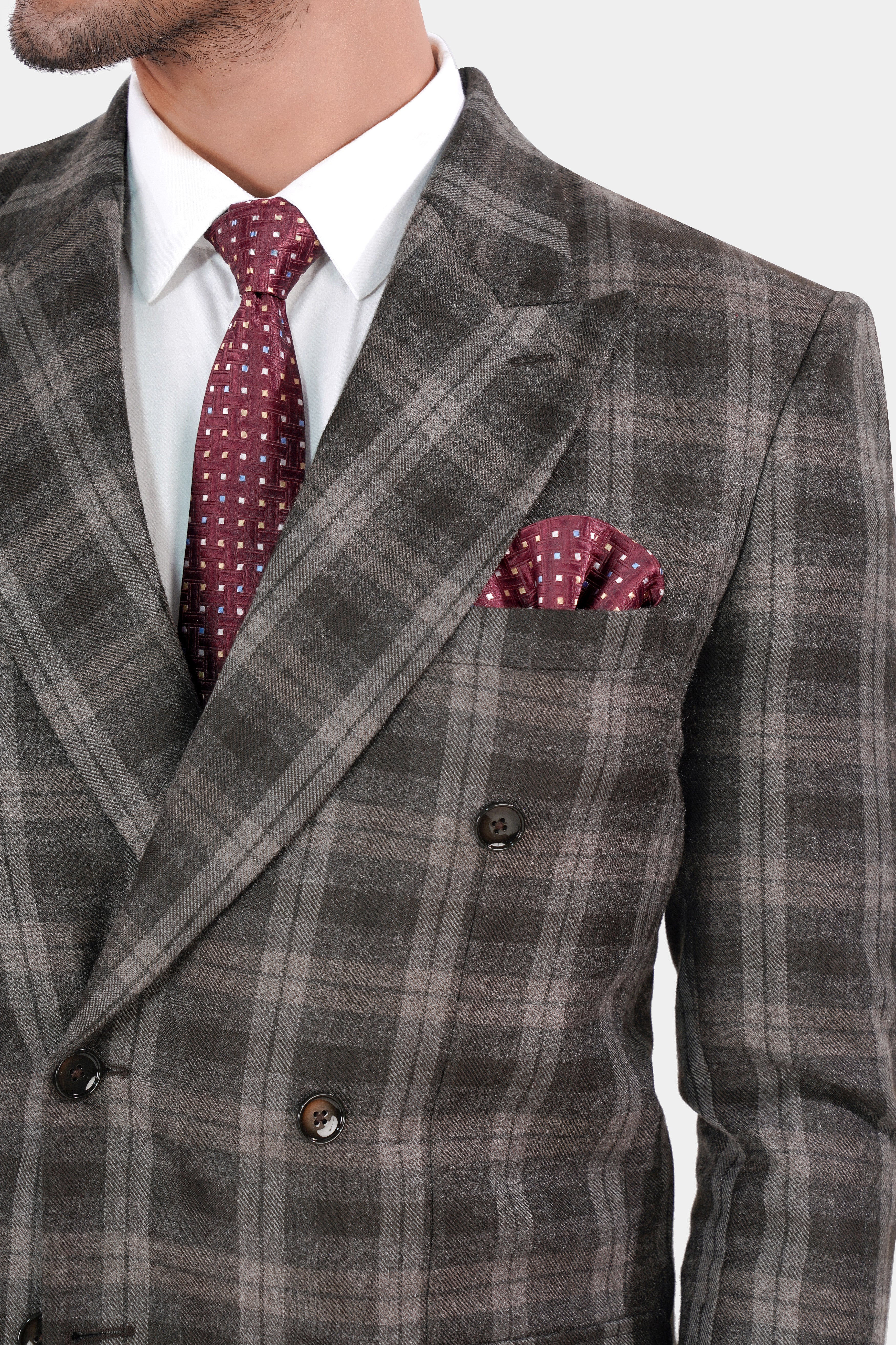 Dorado Brown Plaid Tweed Double-Breasted Suit ST2842-DB-PP-D74-36, ST2842-DB-PP-D74-38, ST2842-DB-PP-D74-40, ST2842-DB-PP-D74-42, ST2842-DB-PP-D74-44, ST2842-DB-PP-D74-46, ST2842-DB-PP-D74-48, ST2842-DB-PP-D74-50, ST2842-DB-PP-D74-52, ST2842-DB-PP-D74-54, ST2842-DB-PP-D74-56, ST2842-DB-PP-D74-58, ST2842-DB-PP-D74-60