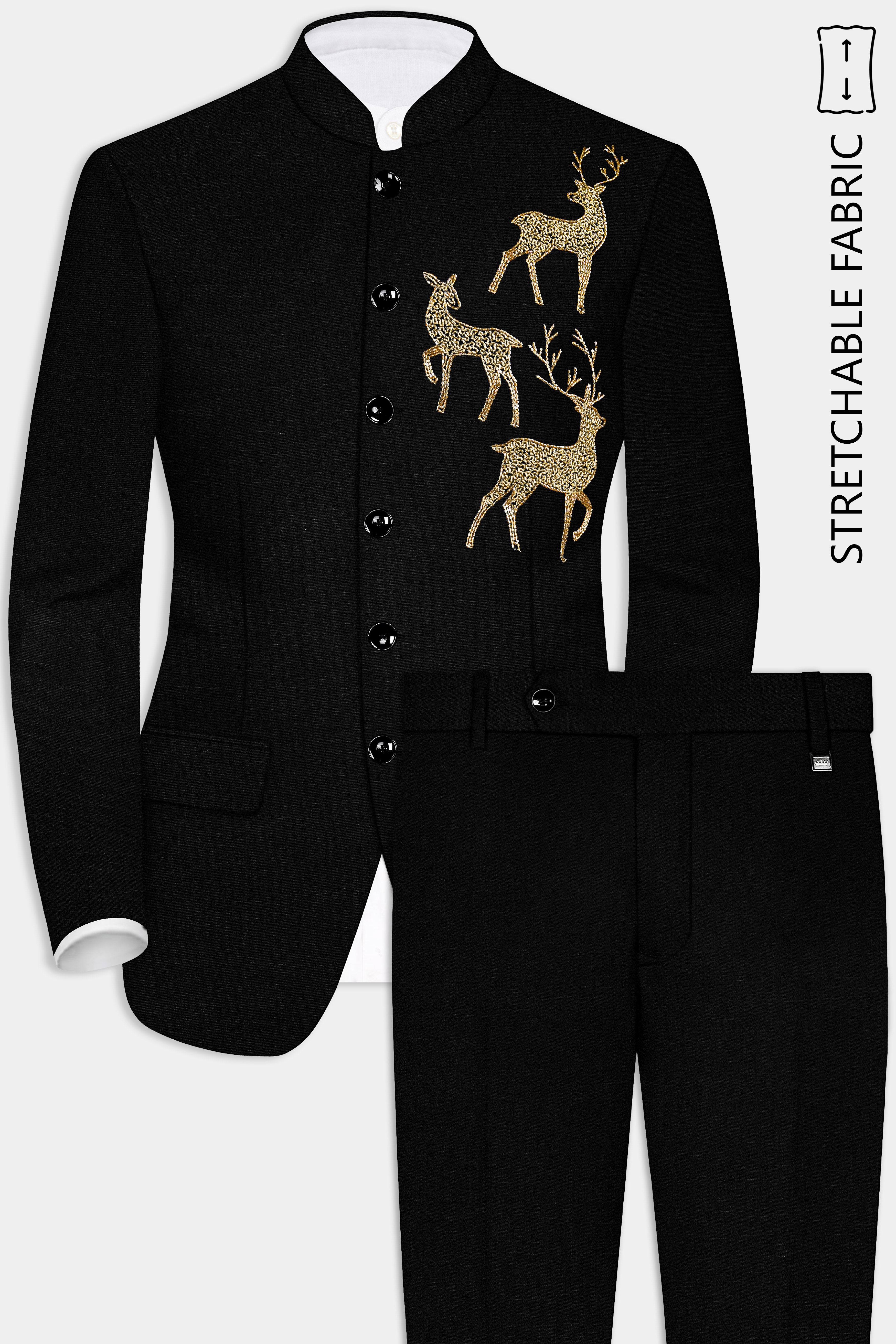 Jade Black Stretchable Wool Rich Deer Hand Crafted Embroidered Bandhgala Designer Suit