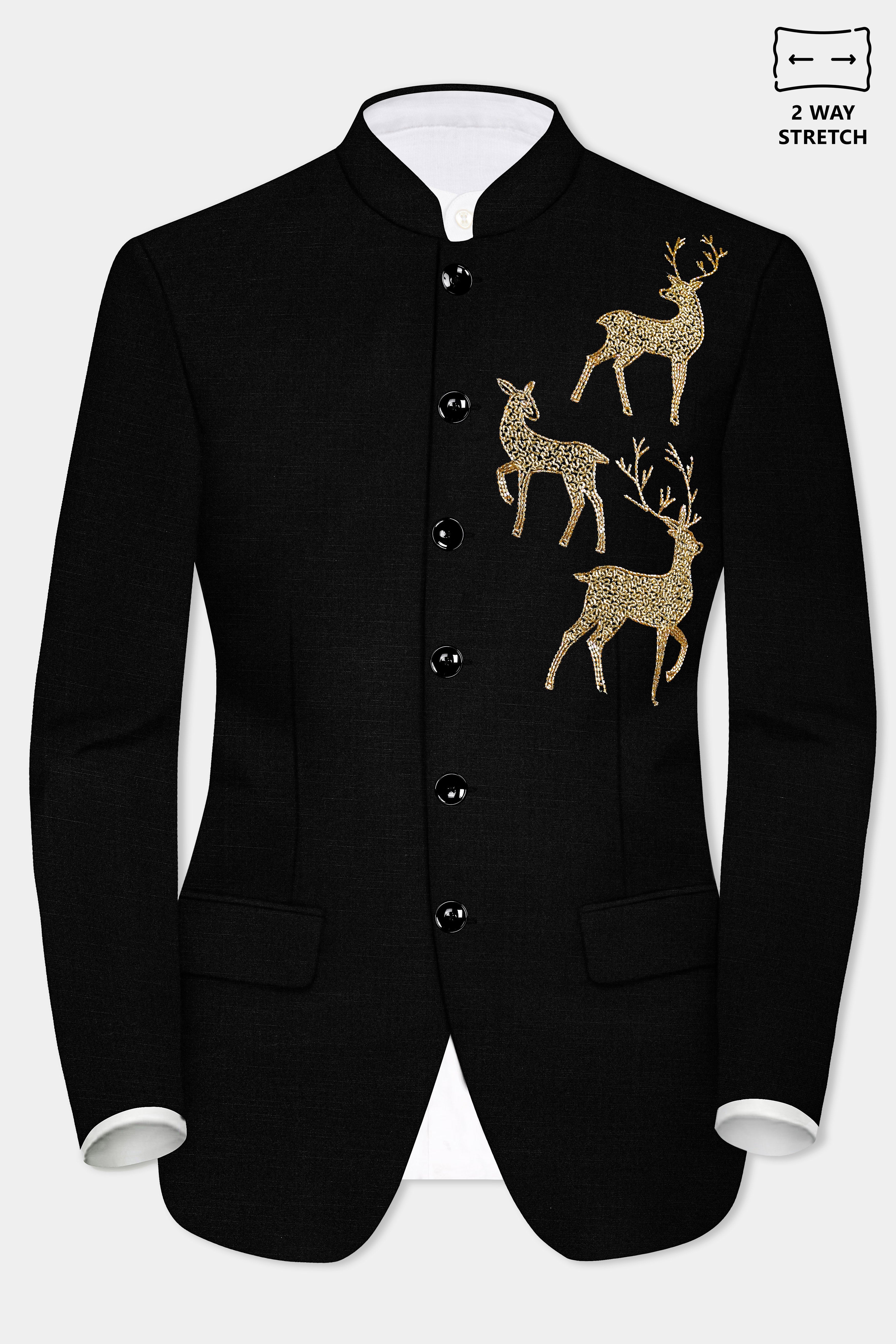 Jade Black Stretchable Wool Rich Deer Hand Crafted Embroidered Bandhgala Designer Suit