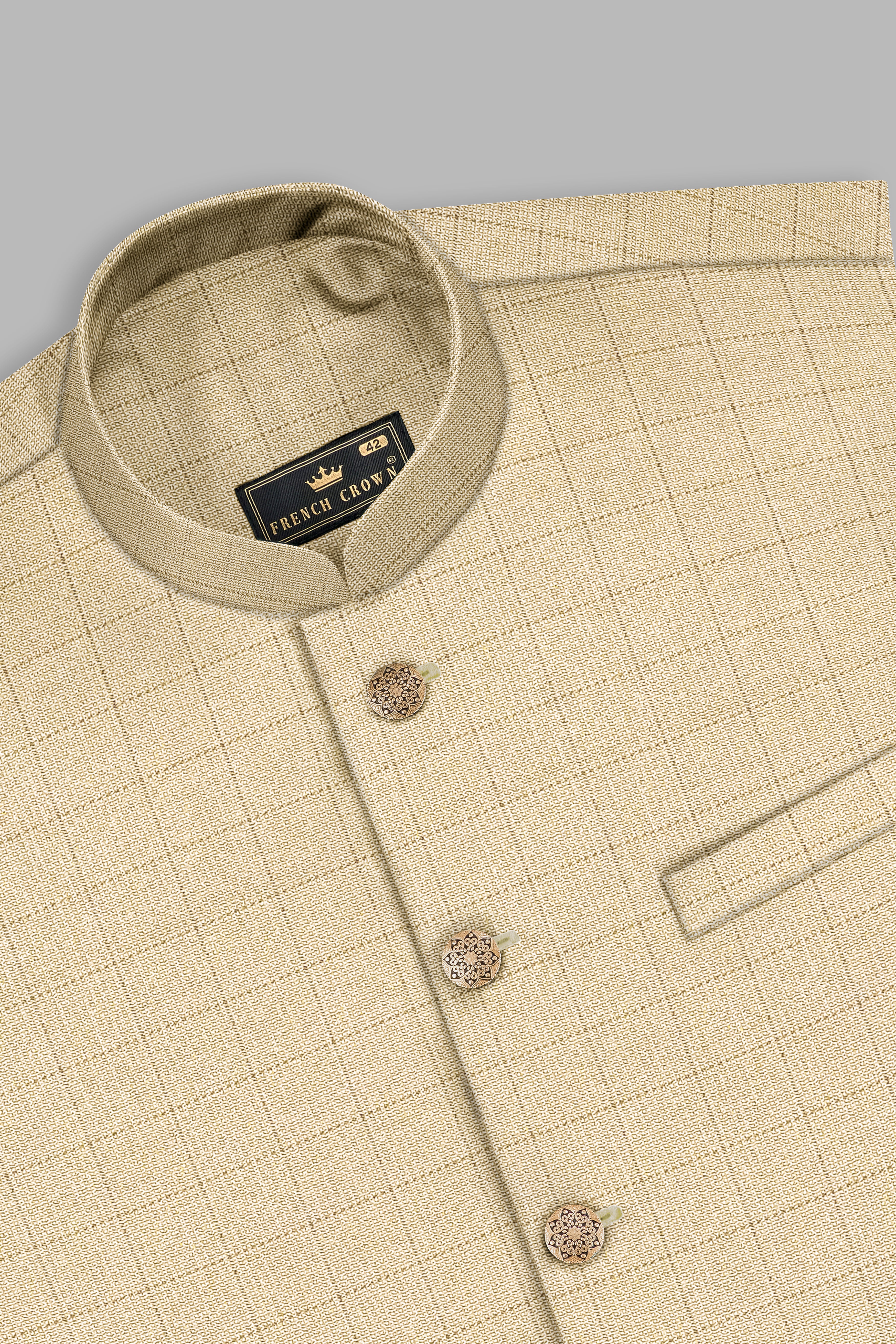 Pavlova Brown with Taupe Brown Checkered Dobby Wool Rich Cross Placket Bandhgala Suit