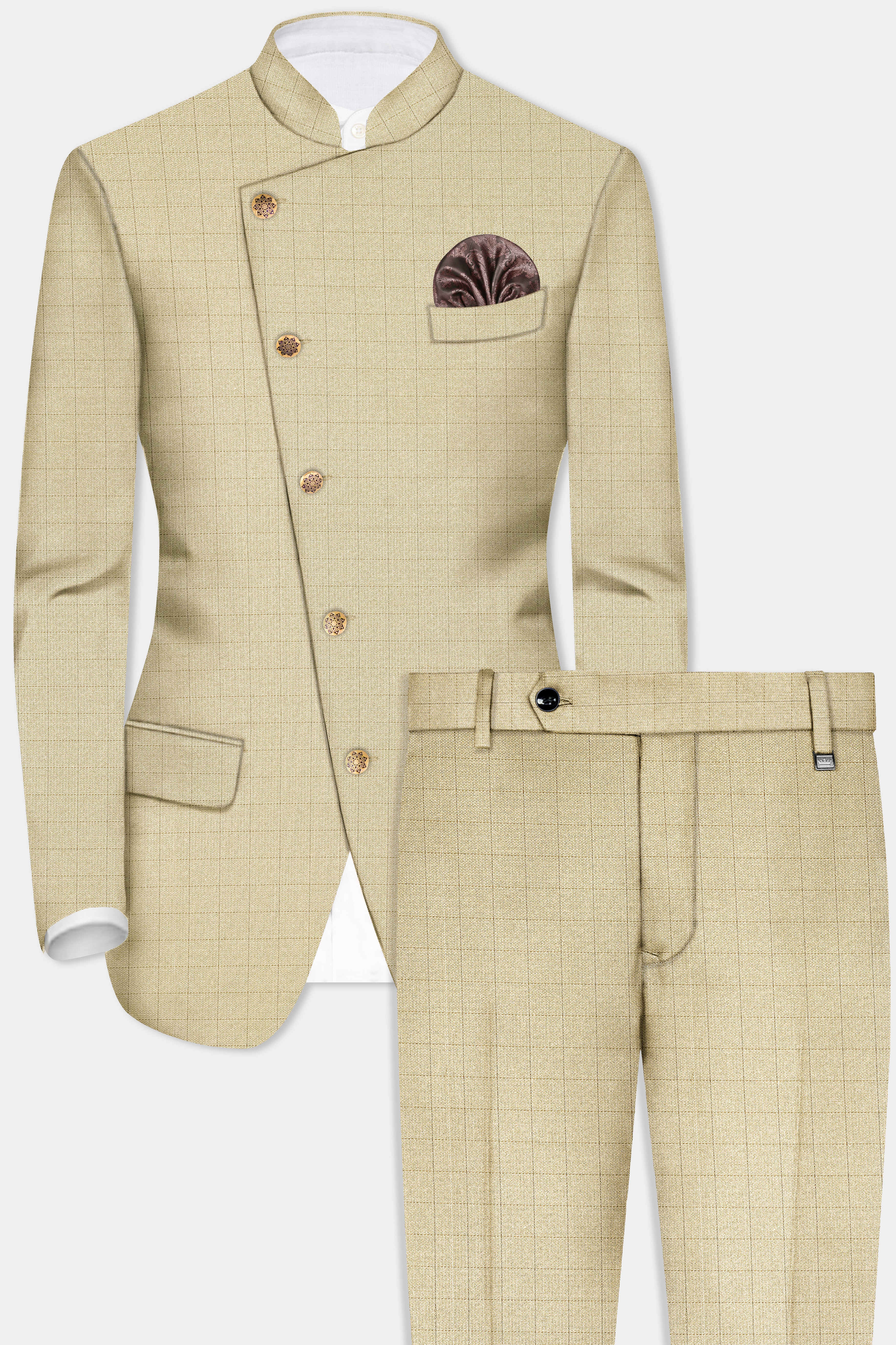 Pavlova Brown with Taupe Brown Checkered Dobby Wool Rich Cross Placket Bandhgala Suit