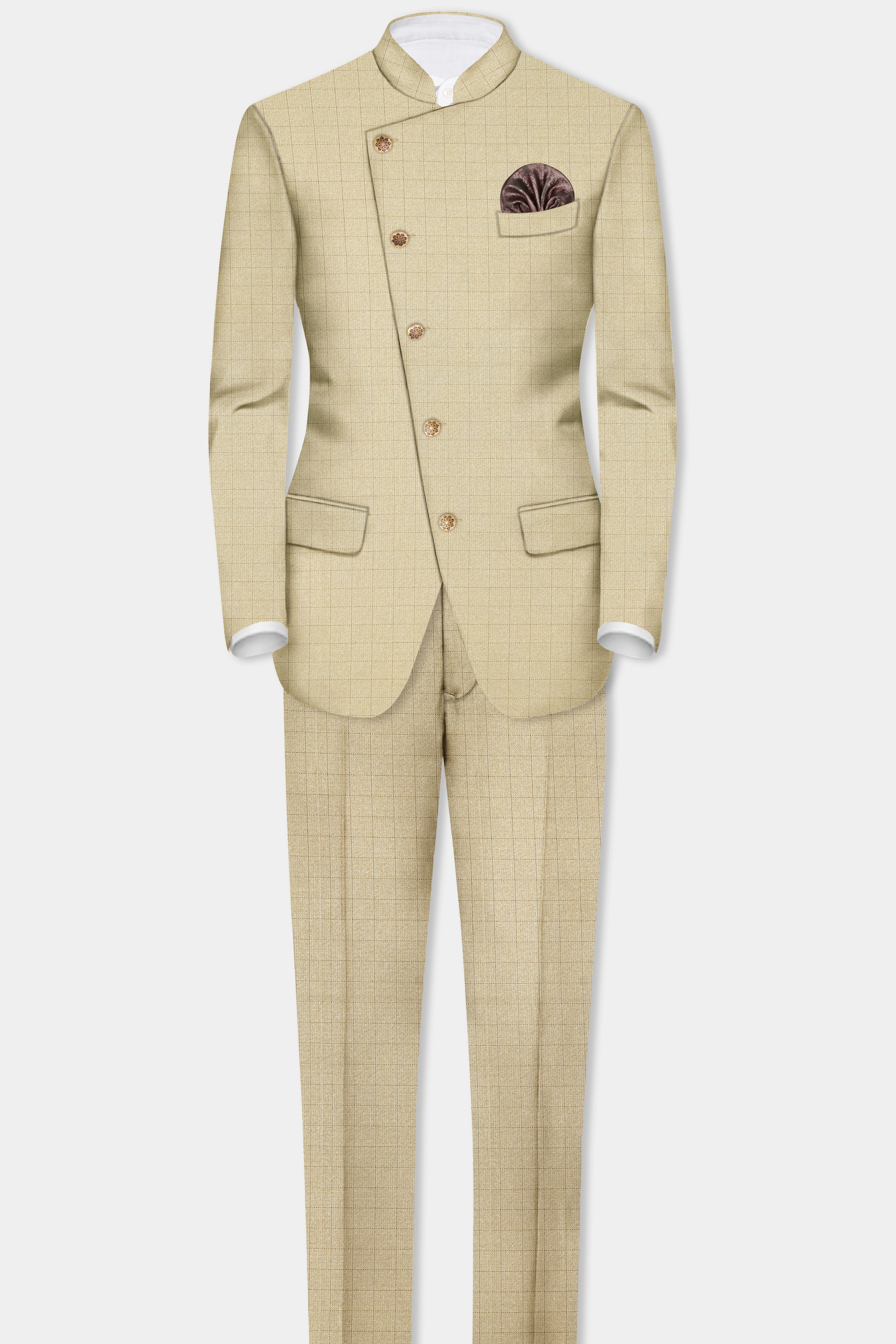 Pavlova Brown with Taupe Brown Checkered Dobby Wool Rich Cross Placket Bandhgala Suit