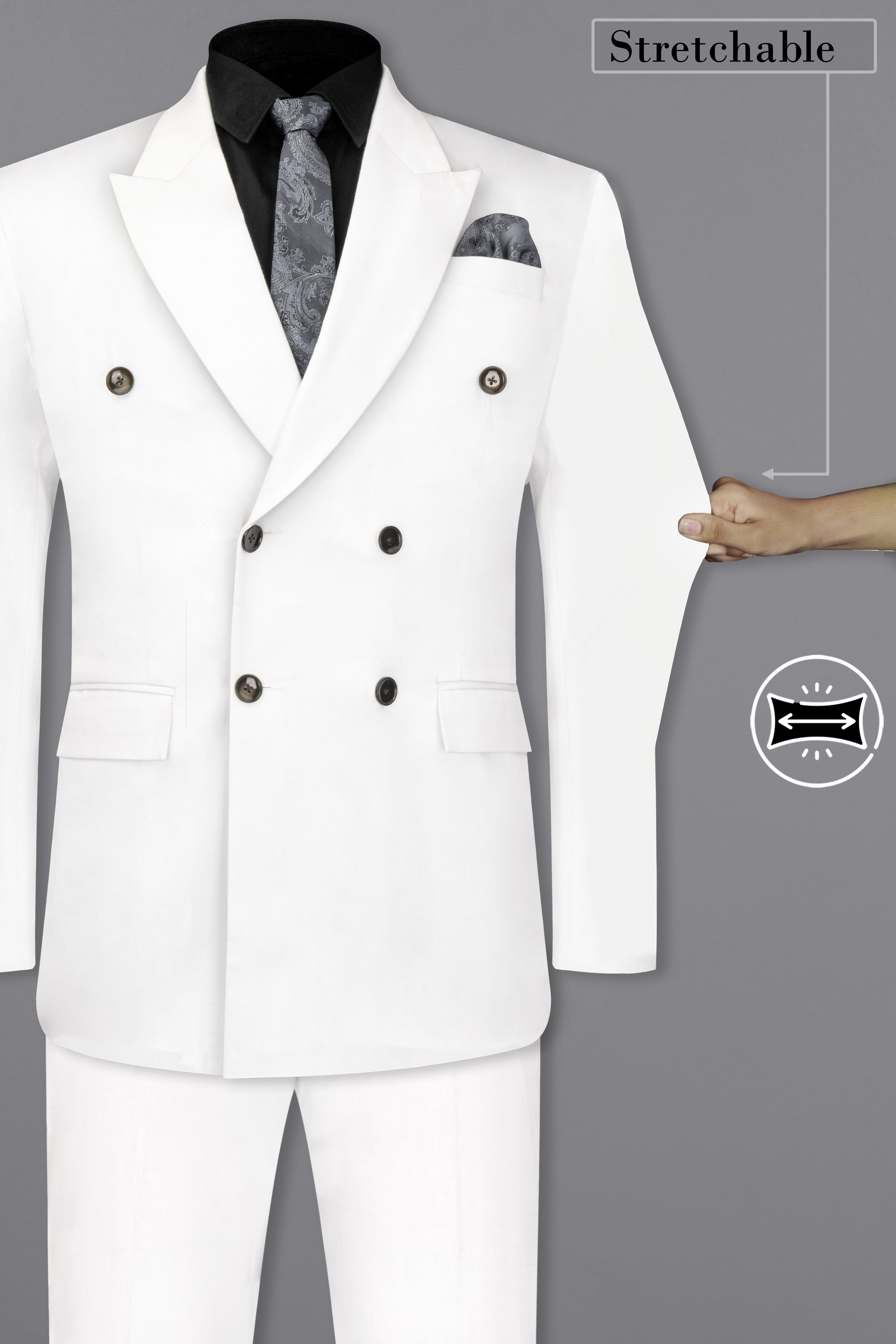 Bright White Solid Stretchable Premium Cotton Double Breasted Traveler Suit