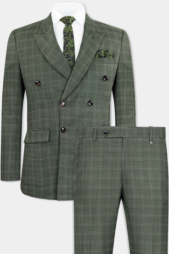 Artichoke Green Checkered Wool Rich Double Breasted Suit