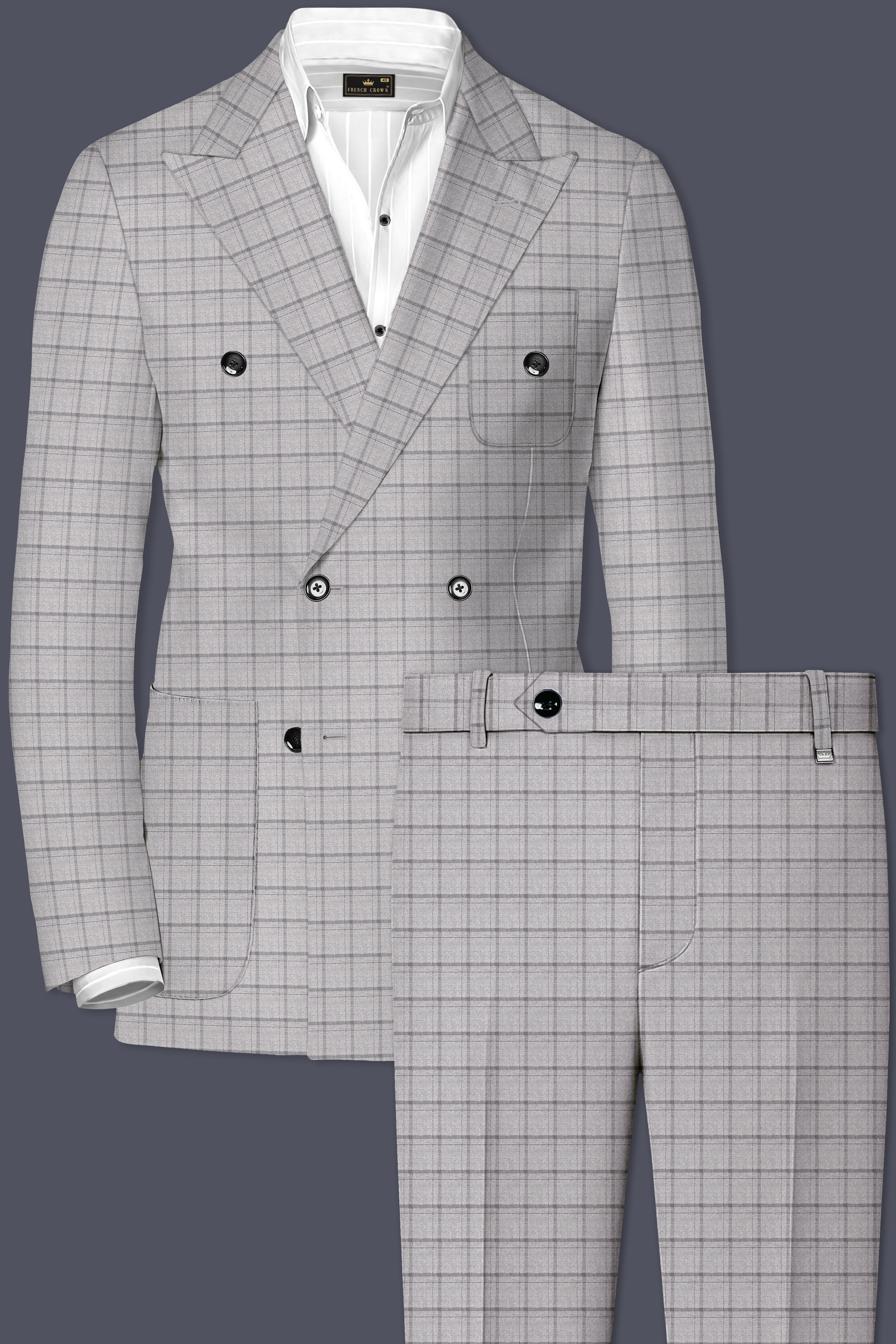 Boulder Gray Checkered Wool Rich Double Breasted Suit