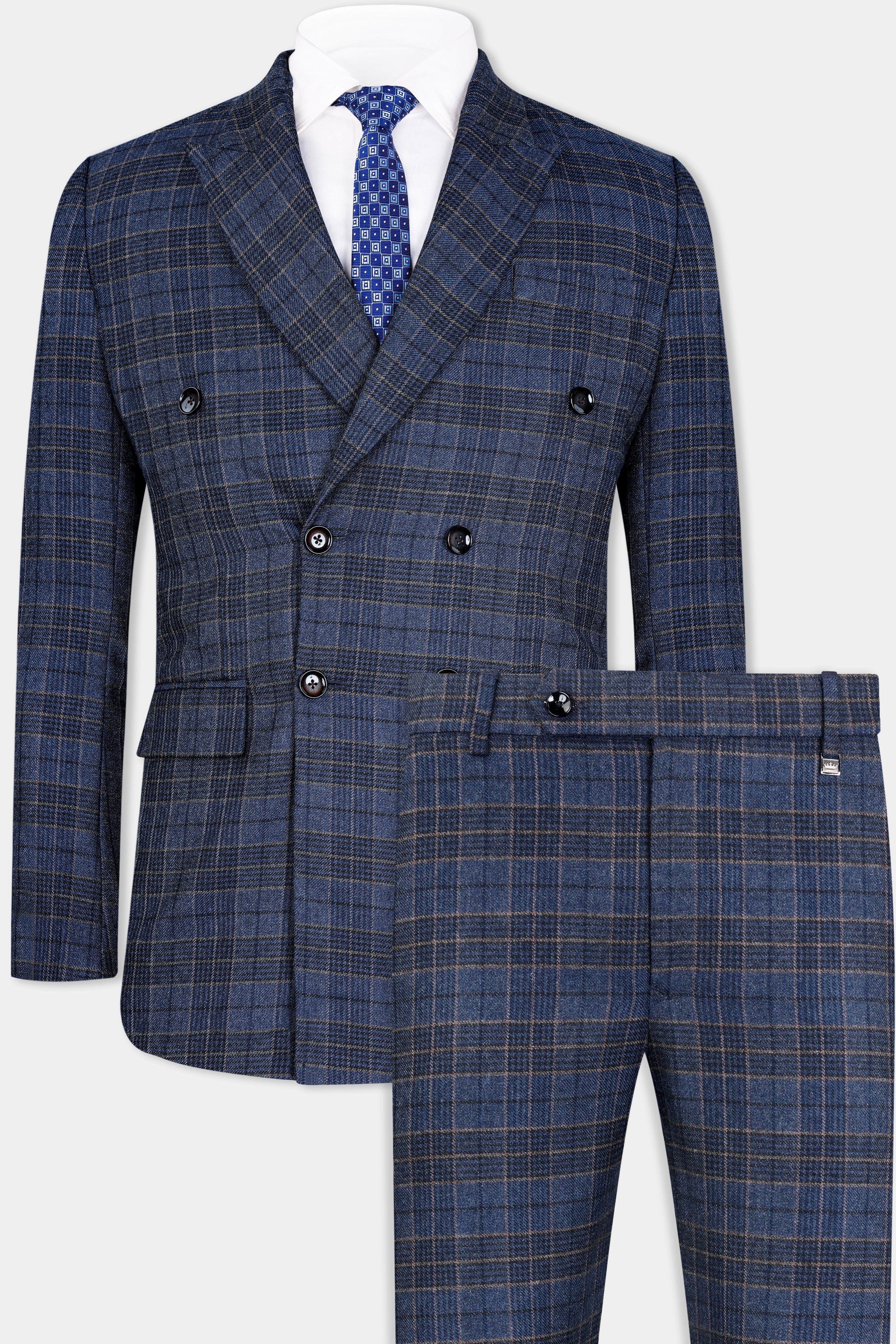 Aegean Blue and Ebony Clay Blue Plaid Tweed Double Breasted Suit ST2945-DB-36, ST2945-DB-38, ST2945-DB-40, ST2945-DB-42, ST2945-DB-44, ST2945-DB-46, ST2945-DB-48, ST2945-DB-50, ST2945-DB-52, ST2945-DB-54, ST2945-DB-56, ST2945-DB-58, ST2945-DB-60