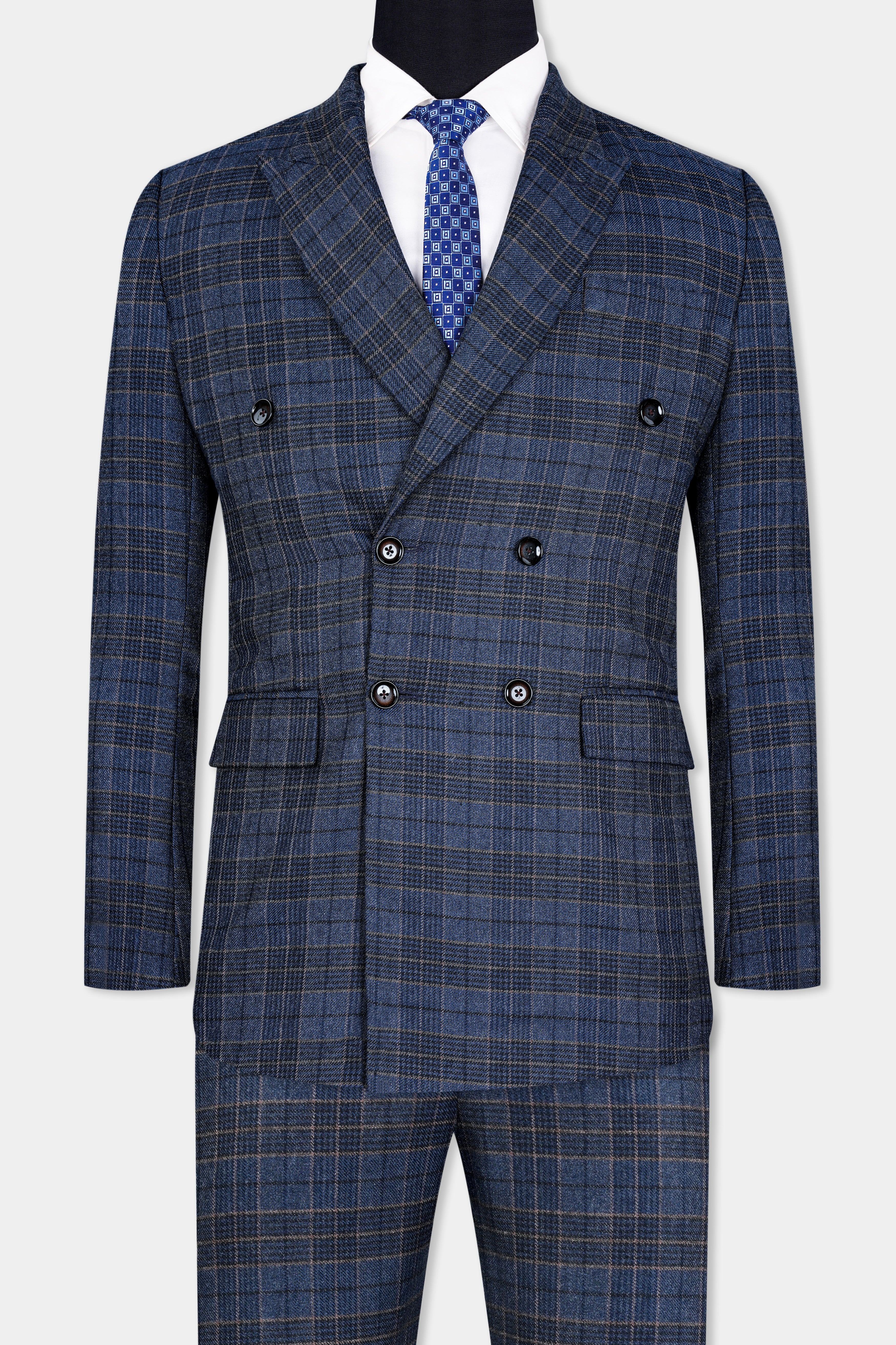 Aegean Blue and Ebony Clay Blue Plaid Tweed Double Breasted Suit ST2945-DB-36, ST2945-DB-38, ST2945-DB-40, ST2945-DB-42, ST2945-DB-44, ST2945-DB-46, ST2945-DB-48, ST2945-DB-50, ST2945-DB-52, ST2945-DB-54, ST2945-DB-56, ST2945-DB-58, ST2945-DB-60