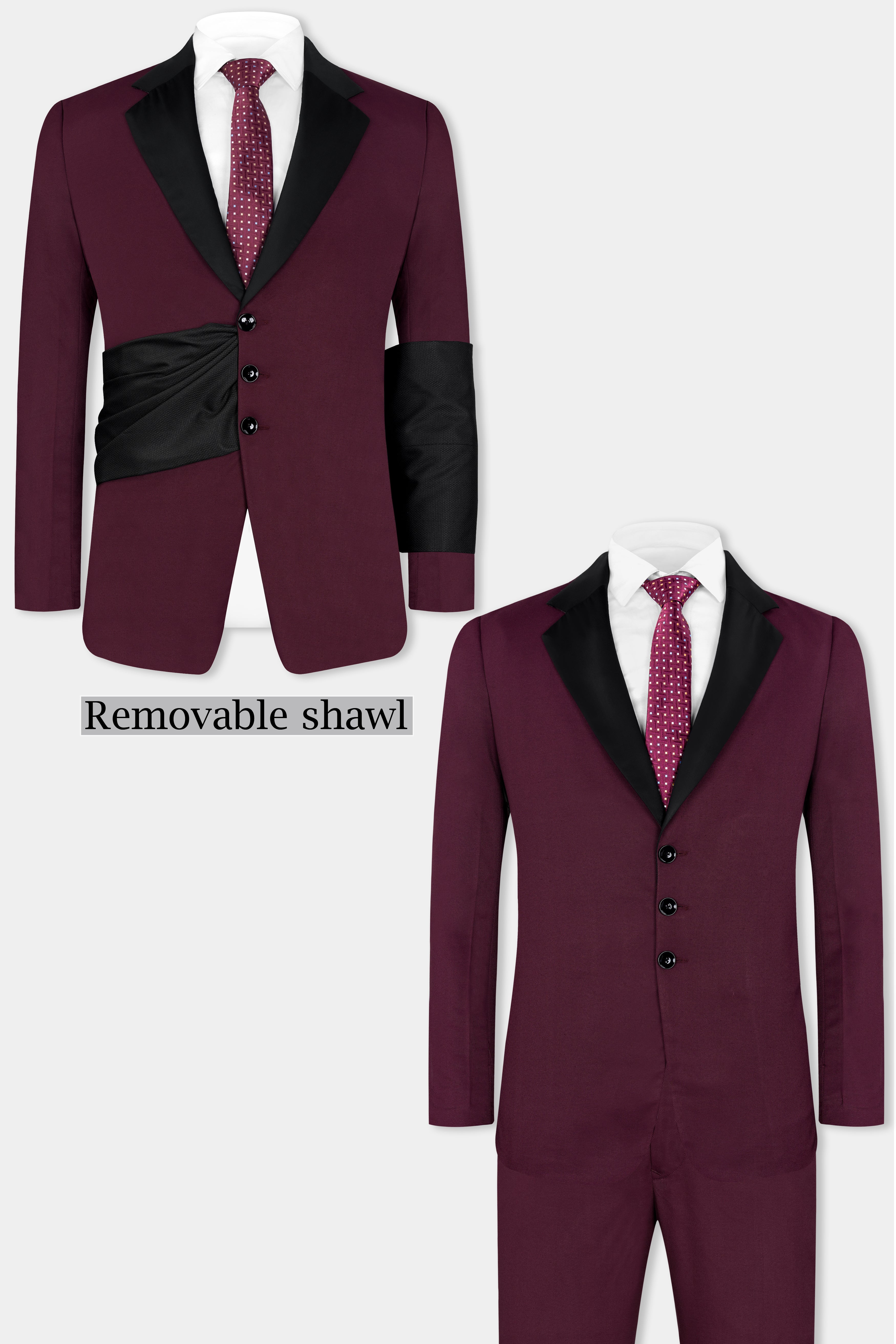 Magenta Maroon Wool Rich Designer Tuxedo Suit with Shawl