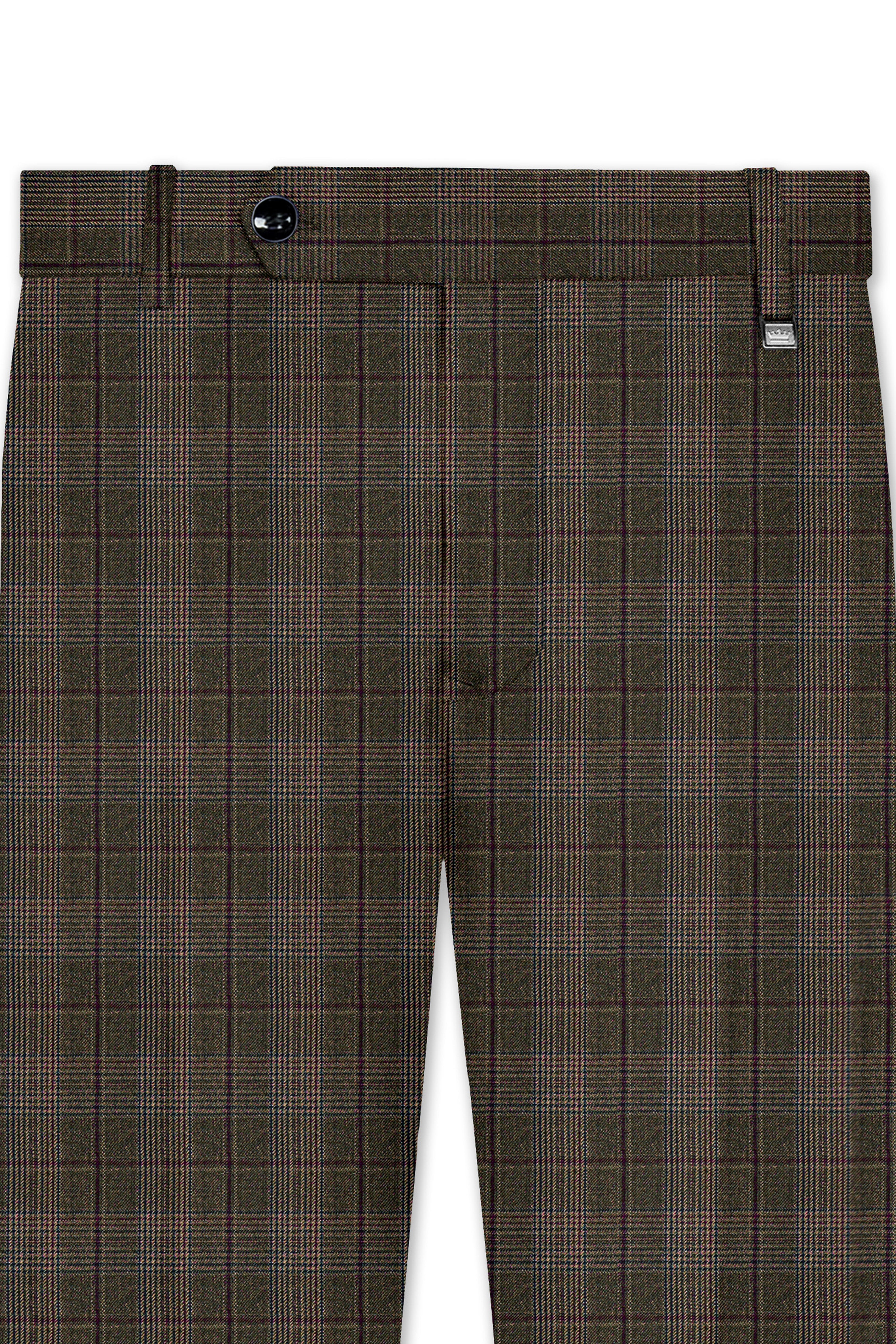 Fuscous Green and Bistre Brown Plaid Wool Rich Cross Placket Bandhgala Suit