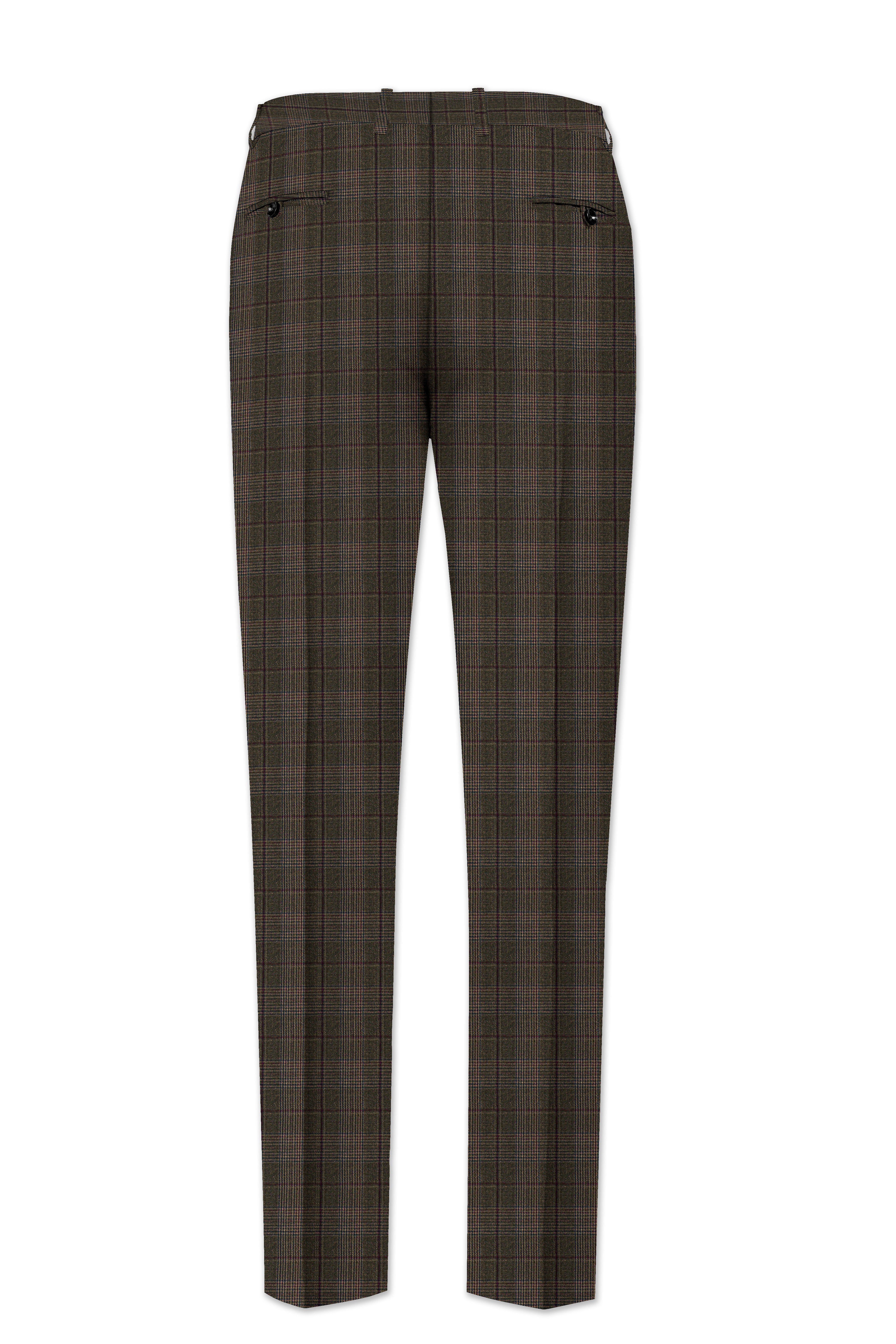 Fuscous Green and Bistre Brown Plaid Wool Rich Cross Placket Bandhgala Suit