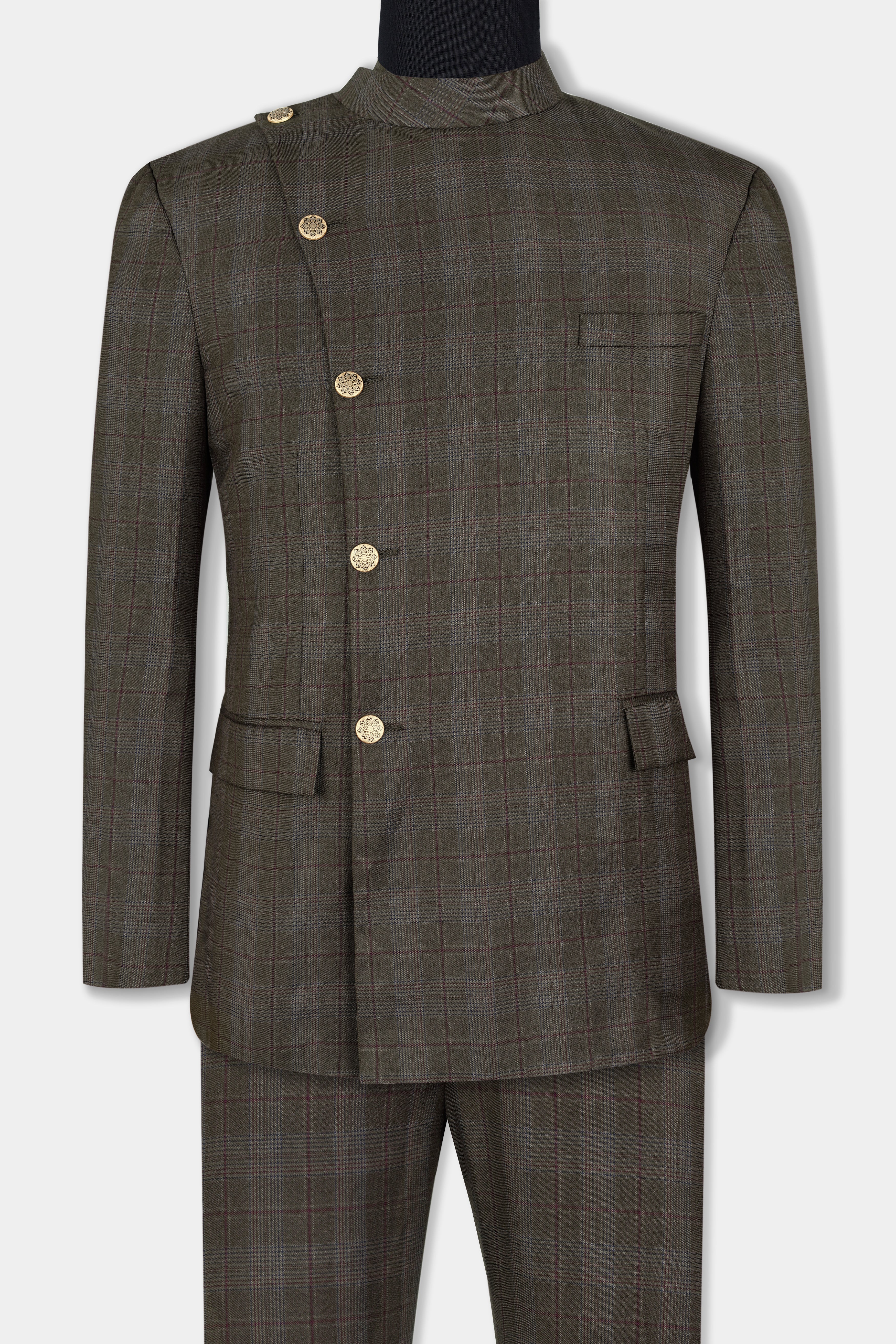 Fuscous Green and Bistre Brown Plaid Wool Rich Cross Buttoned Bandhgala Suit ST2951-CBG2-36, ST2951-CBG2-38, ST2951-CBG2-40, ST2951-CBG2-42, ST2951-CBG2-44, ST2951-CBG2-46, ST2951-CBG2-48, ST2951-CBG2-50, ST2951-CBG2-52, ST2951-CBG2-54, ST2951-CBG2-56, ST2951-CBG2-58, ST2951-CBG2-60