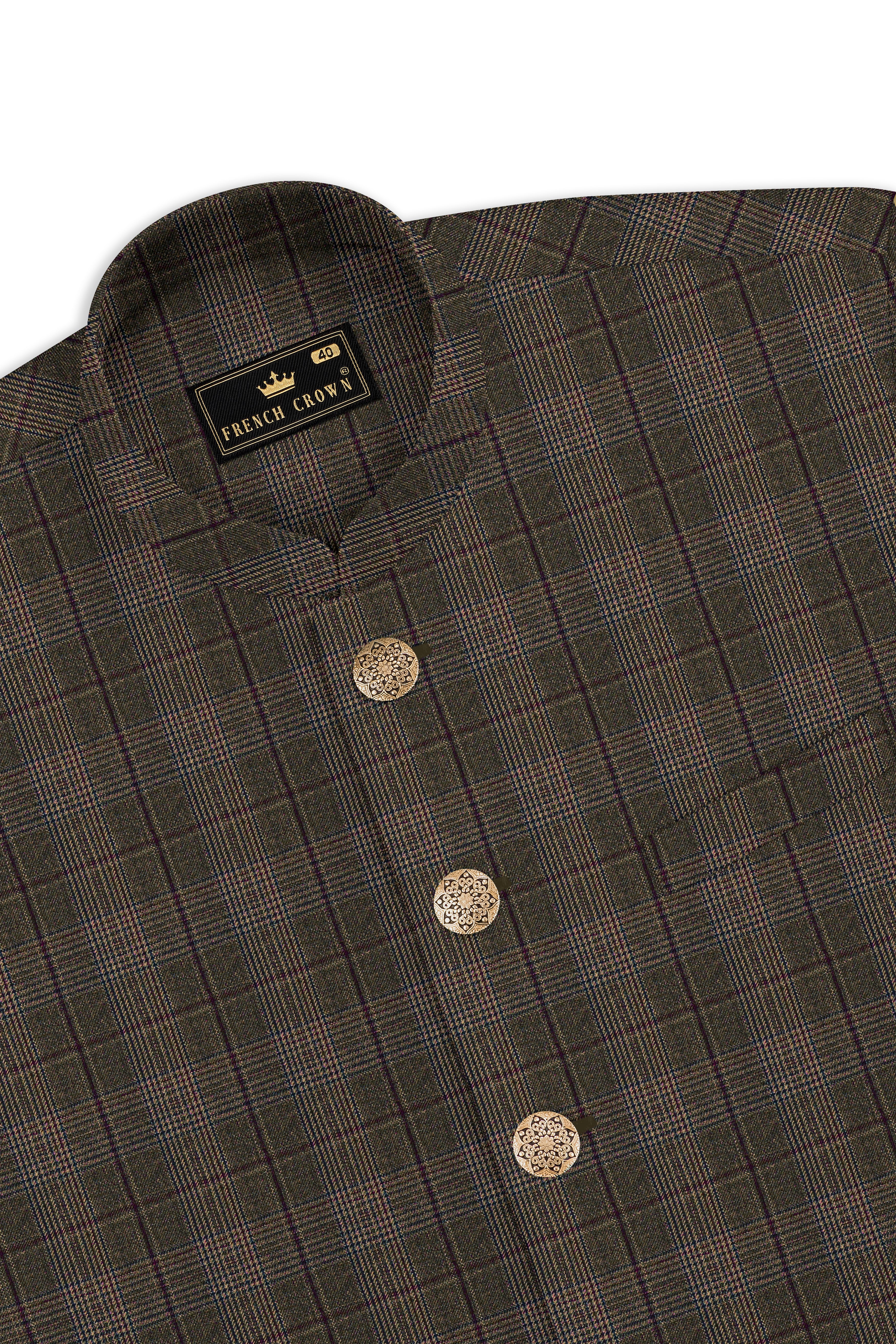Fuscous Green and Bistre Brown Plaid Wool Rich Cross Placket Bandhgala Suit