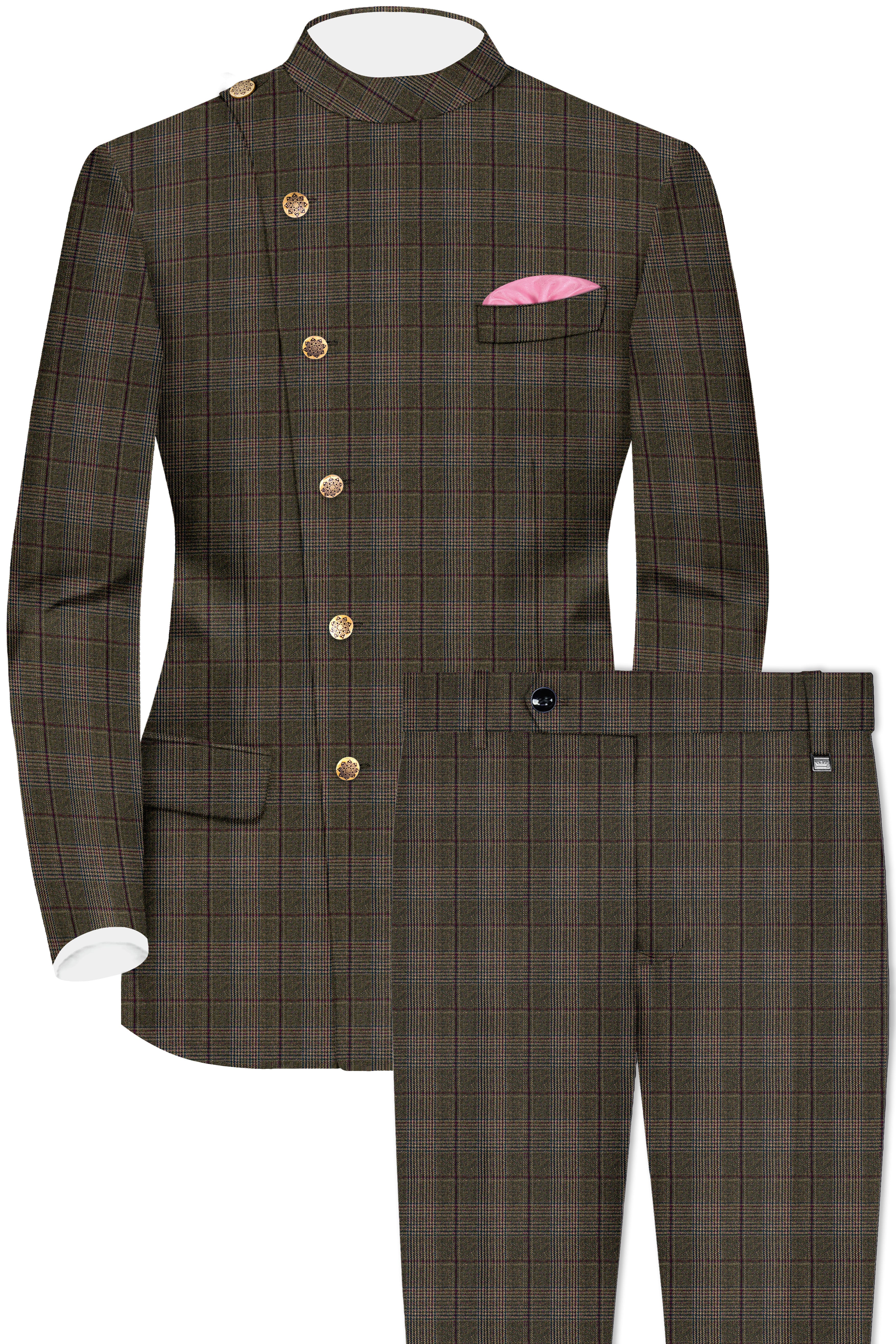 Fuscous Green and Bistre Brown Plaid Wool Rich Cross Placket Bandhgala Suit