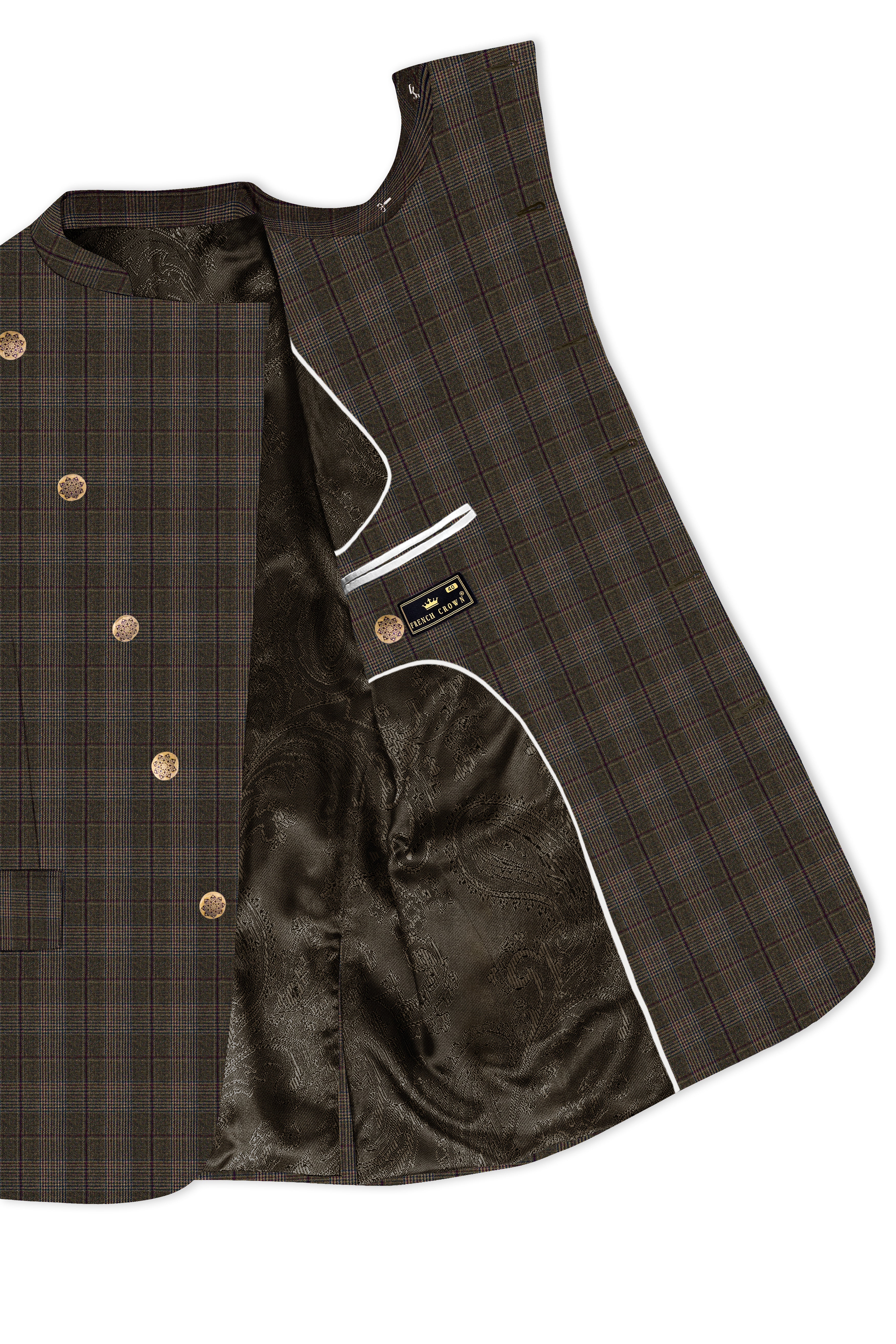 Fuscous Green and Bistre Brown Plaid Wool Rich Cross Placket Bandhgala Suit
