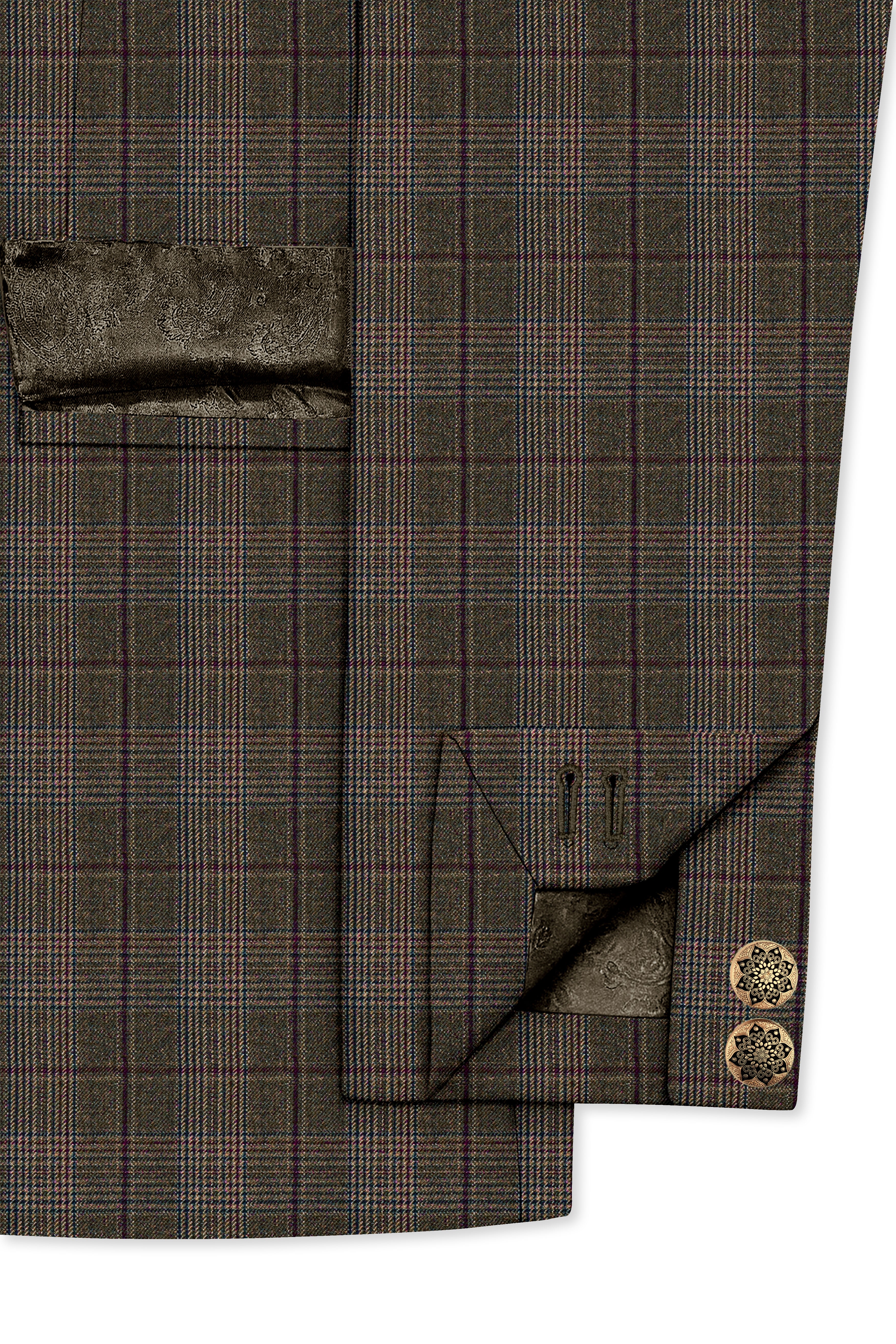 Fuscous Green and Bistre Brown Plaid Wool Rich Cross Placket Bandhgala Suit